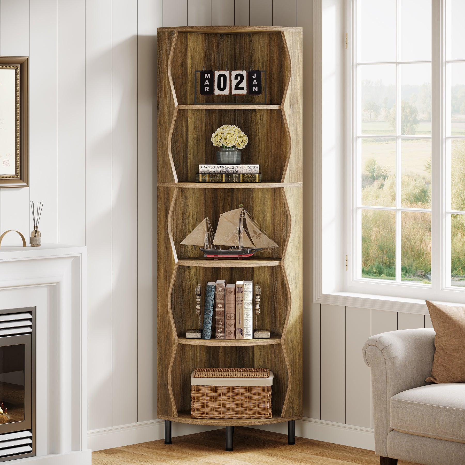 182 cm Hoge Hoekkast, Vijfplanken Opbergmeubel voor Woonkamer en Slaapkamer
