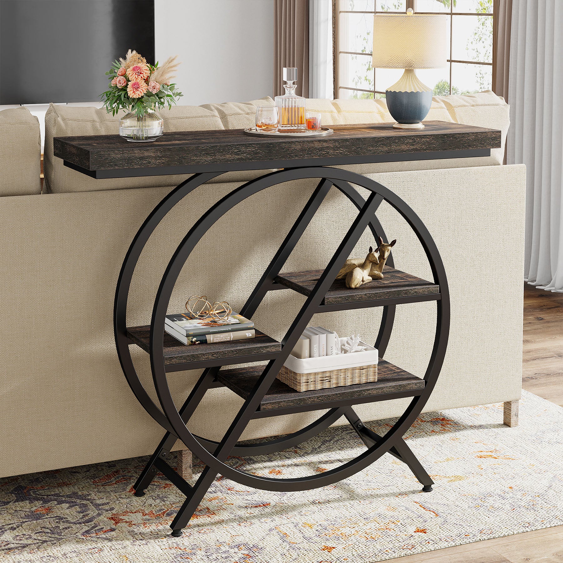 100 cm Industriële Consoletafel – Geometrisch Frame met Dik Blad voor Rustieke Uitstraling