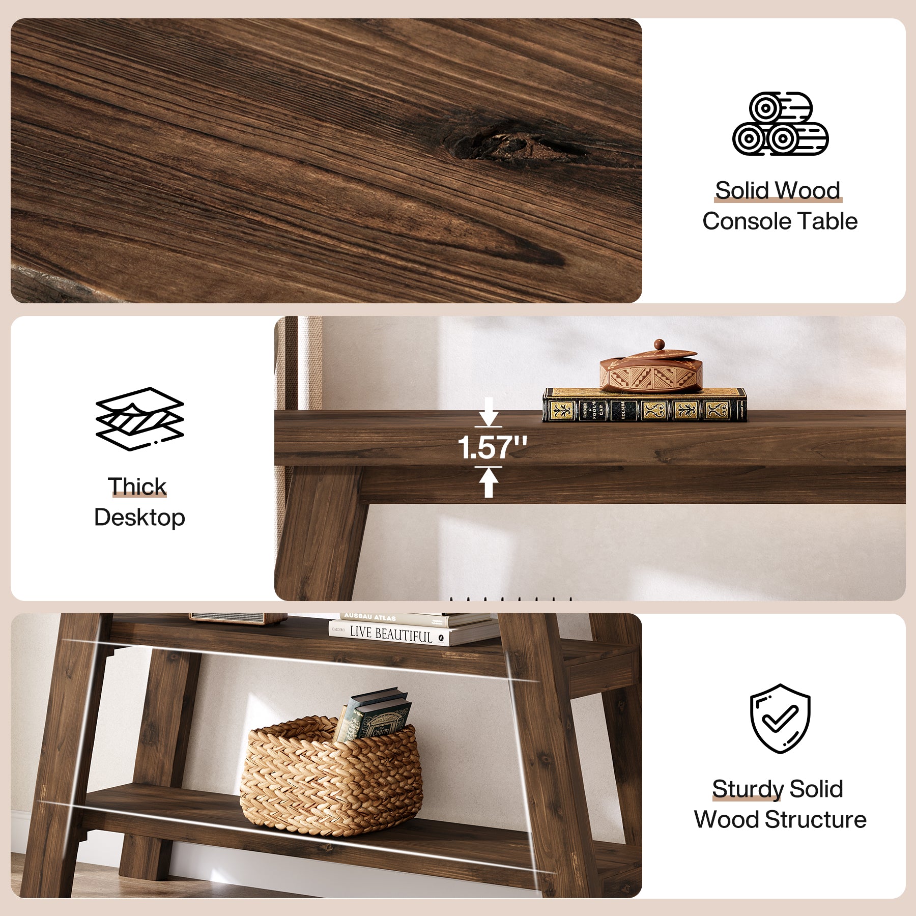 120 cm Tribesigns Massief Houten Consoletafel met 3 Niveaus, Smalle Boerderijstijl Entreetafel voor Hal en Woonkamer