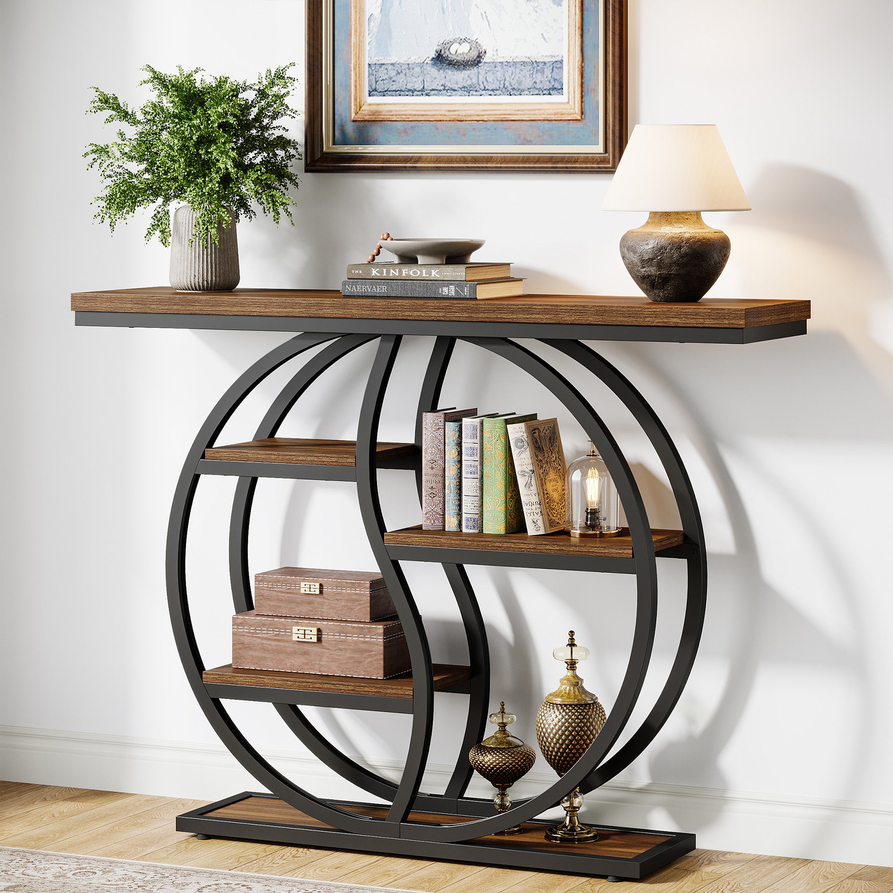 Consoletafel van 120 cm met 5 Lagen in Rustiek Bruin, Smalle Industriële Houten Hal- en Banktafel met Metalen Frame