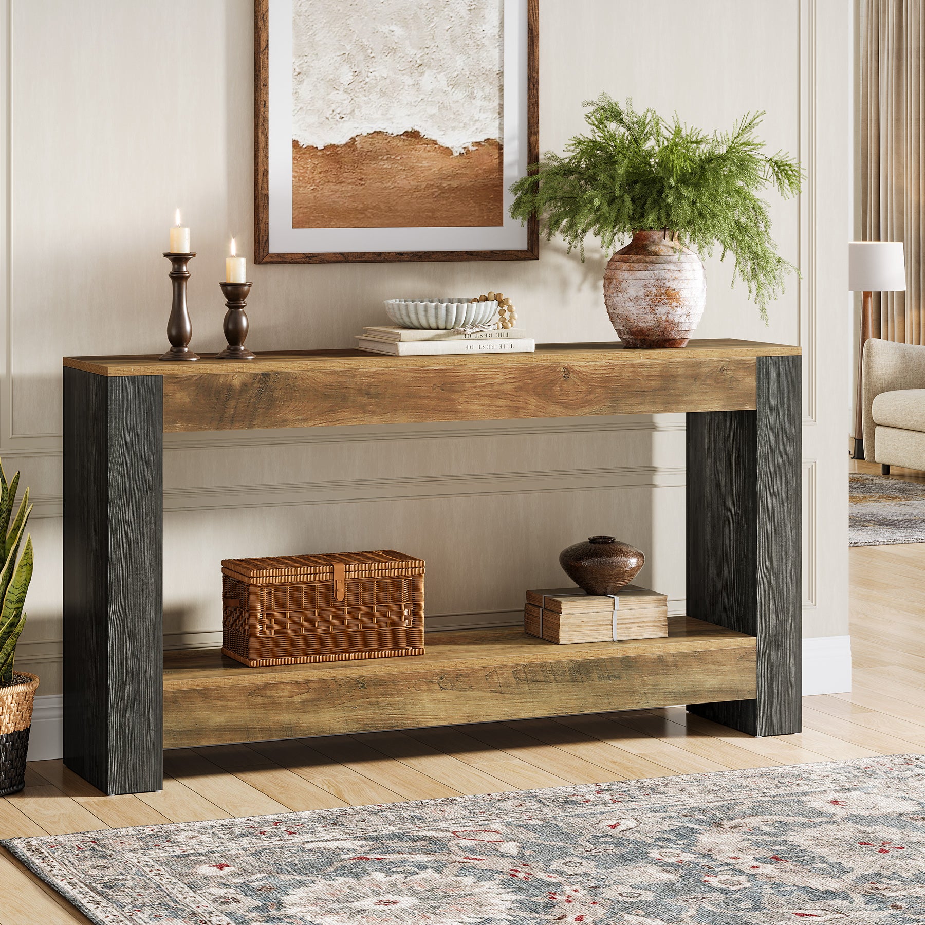 160 cm Landelijke Consoletafel in Rustiek Bruin en Zwart, Houten Sofa- en Haltafel voor Woonkamer en Entree