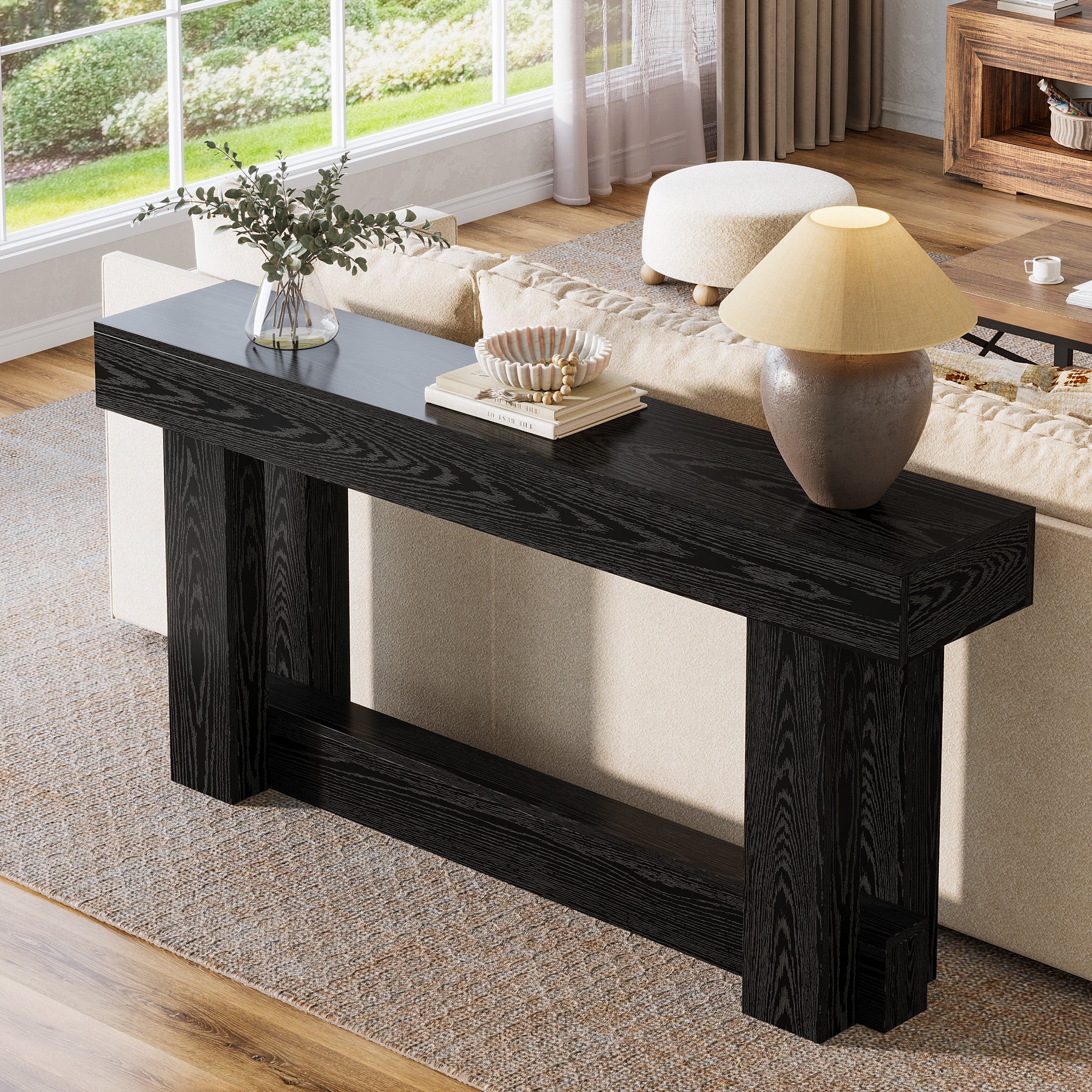 160 cm Lange Consoletafel met Opbergruimte, Tweelaags Bijzettafel in Warmbruin achter de Bank