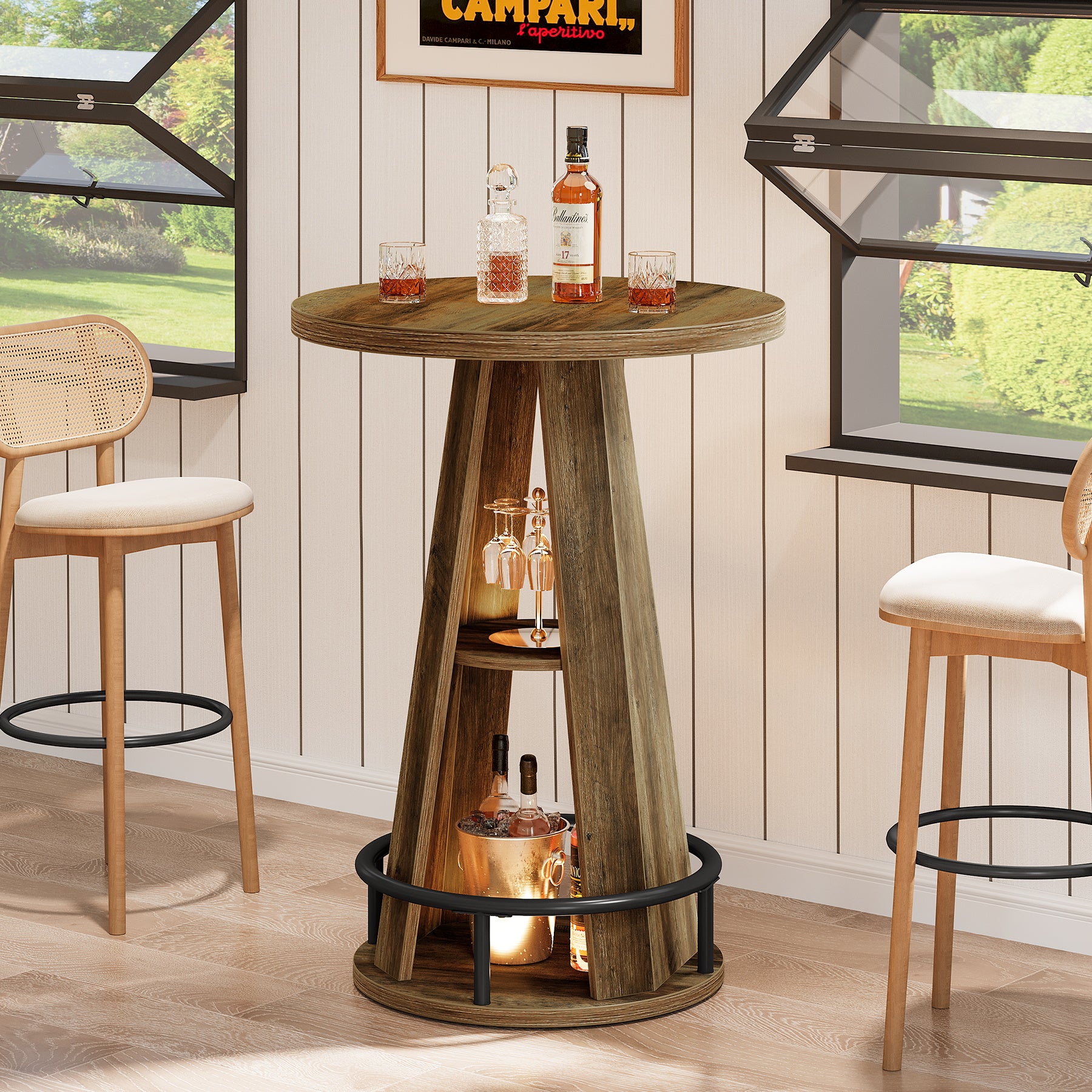 100 cm Ronde Bartafel met Opbergruimte, Industriële Bistrotafel voor Woonkamer Bar Kleine Ruimtes
