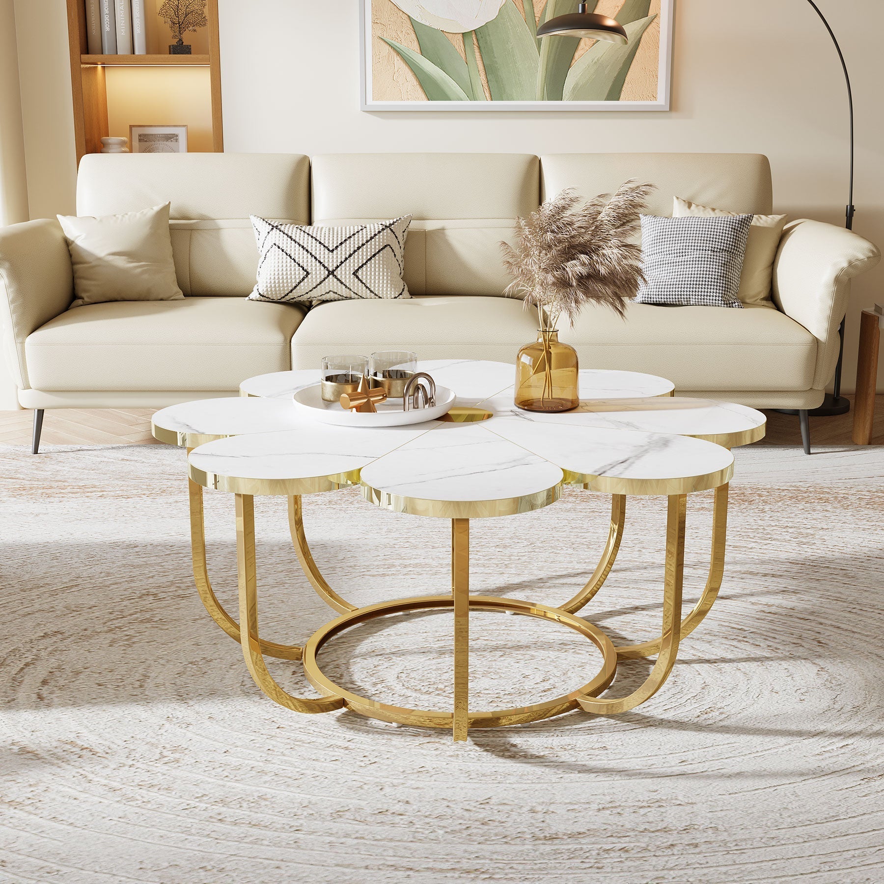 100 cm Witte Salontafel, Met Gouden Bloemenpoot en Imitatiemarmeren Blad
