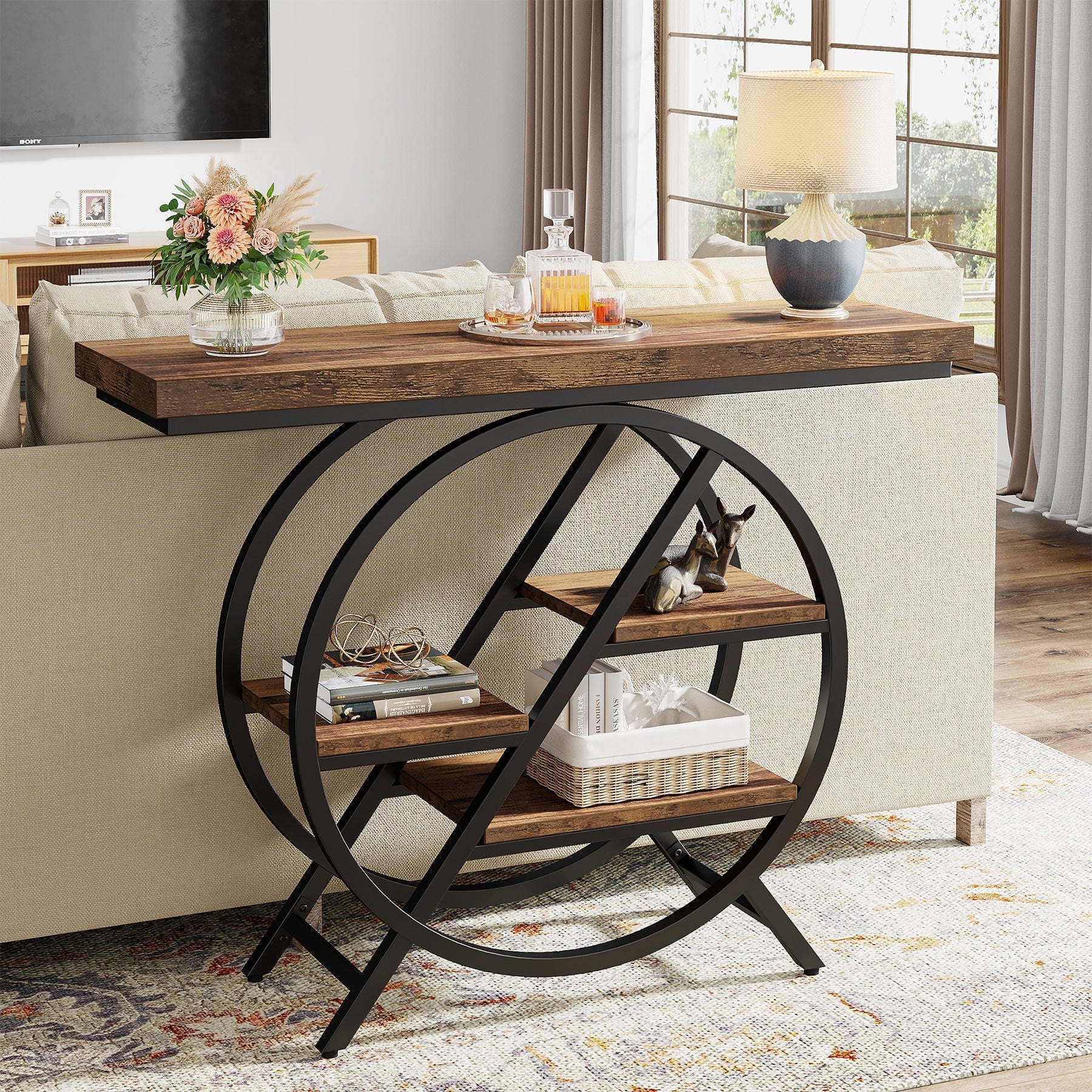 100 cm Industriële Consoletafel – Geometrisch Frame met Dik Blad voor Rustieke Uitstraling