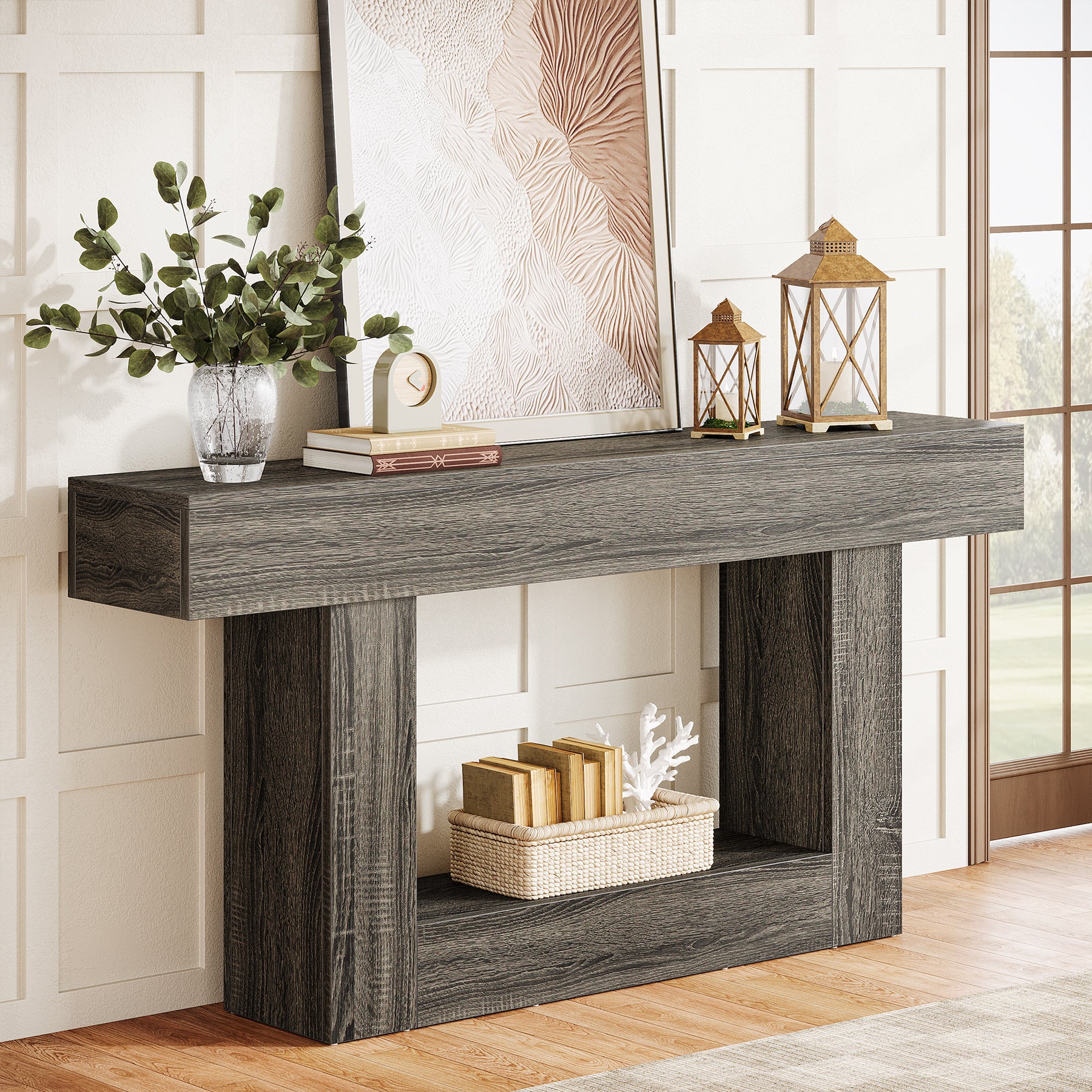 160 cm Boerenstijl Consoletafel, Tweelaagse Entreetafel met Opbergruimte in Rustiek Bruin