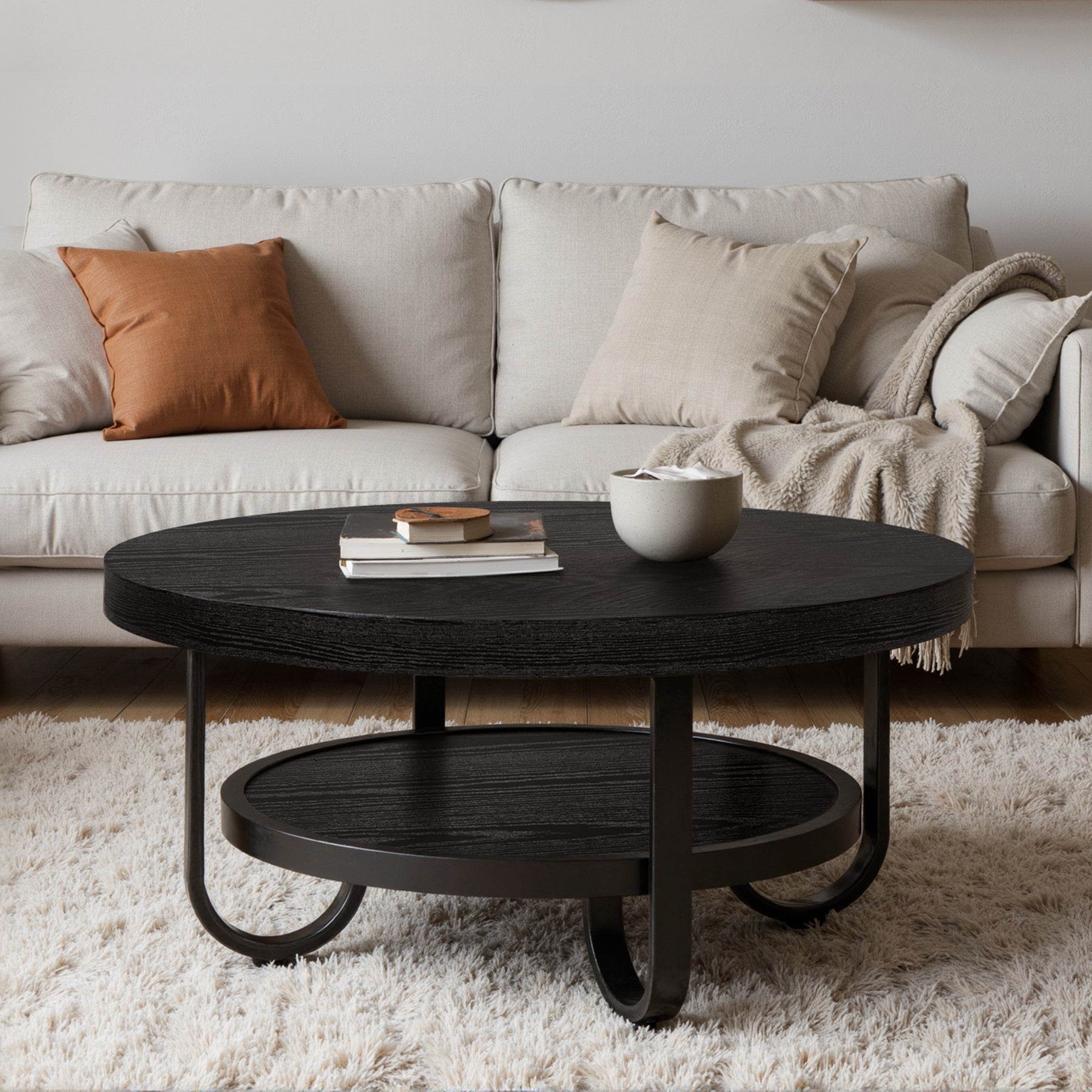 80 cm Ronde Salontafel voor Woonkamer, 2-Laagse Industriële Tafel met Opbergplank