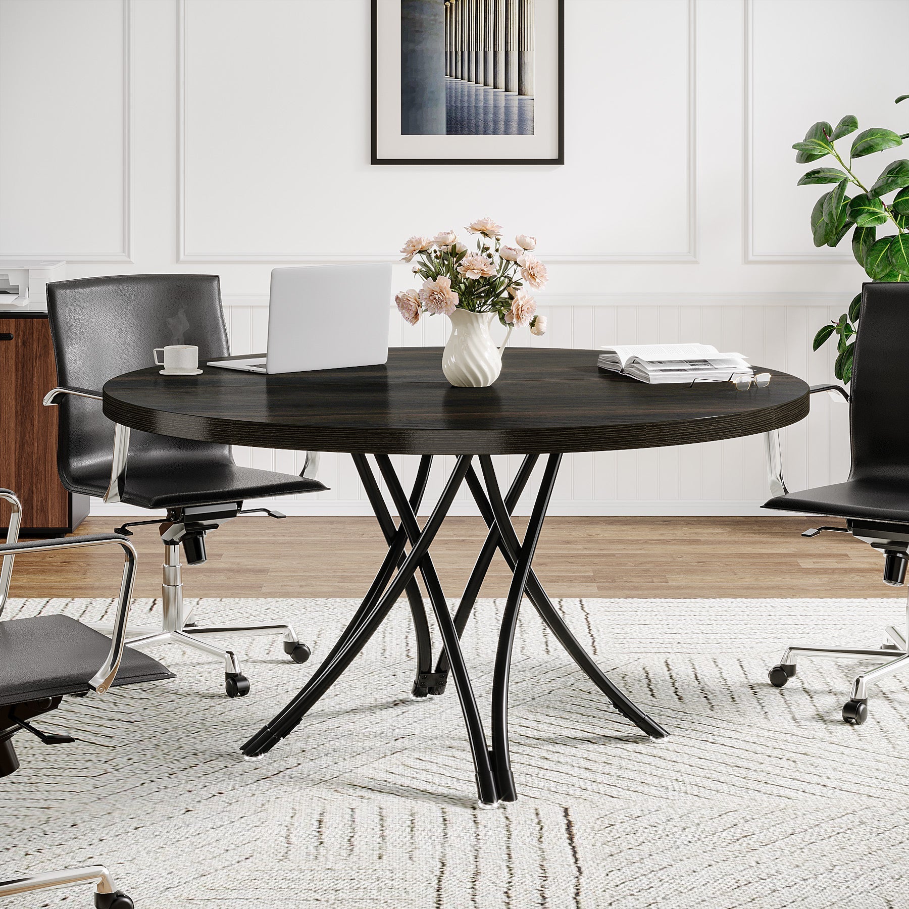 Ronde Vergadertafel van 120 cm, Moderne Zwarte Tafel voor Kantoorruimte