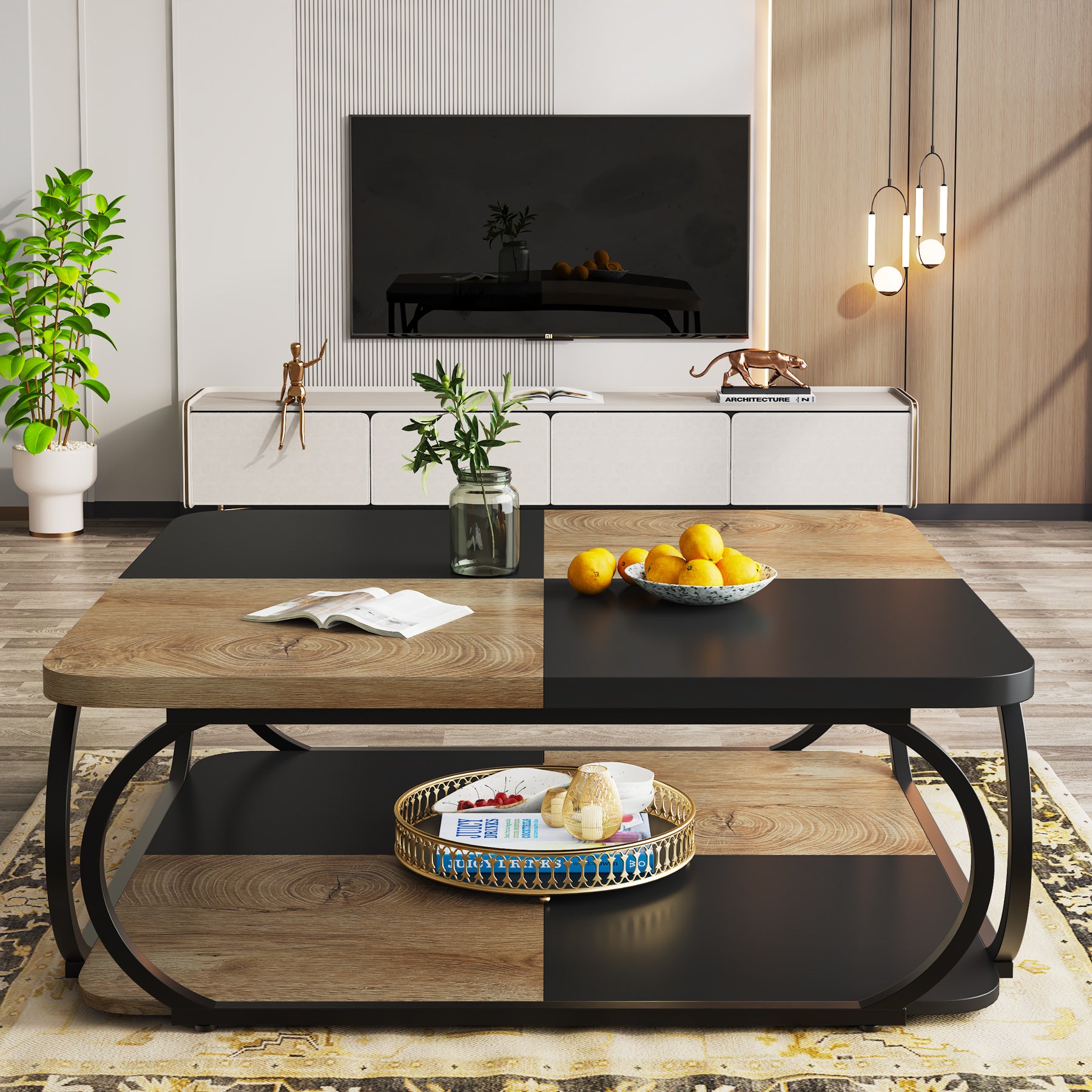 100 cm Vierkante Salontafel met Dubbele Planken, Landelijke Tafel met Metal Frame
