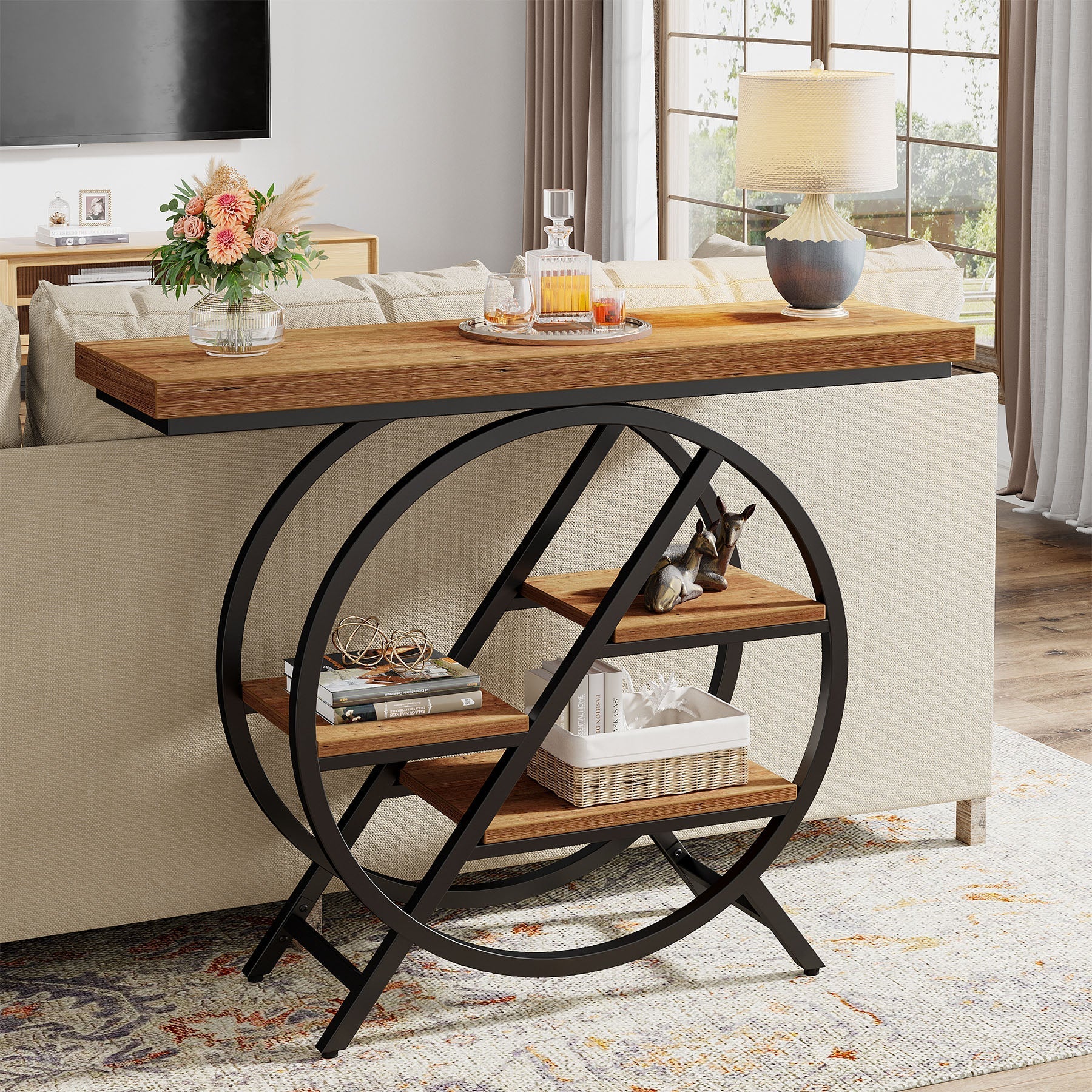 100 cm Industriële Consoletafel – Geometrisch Frame met Dik Blad voor Rustieke Uitstraling