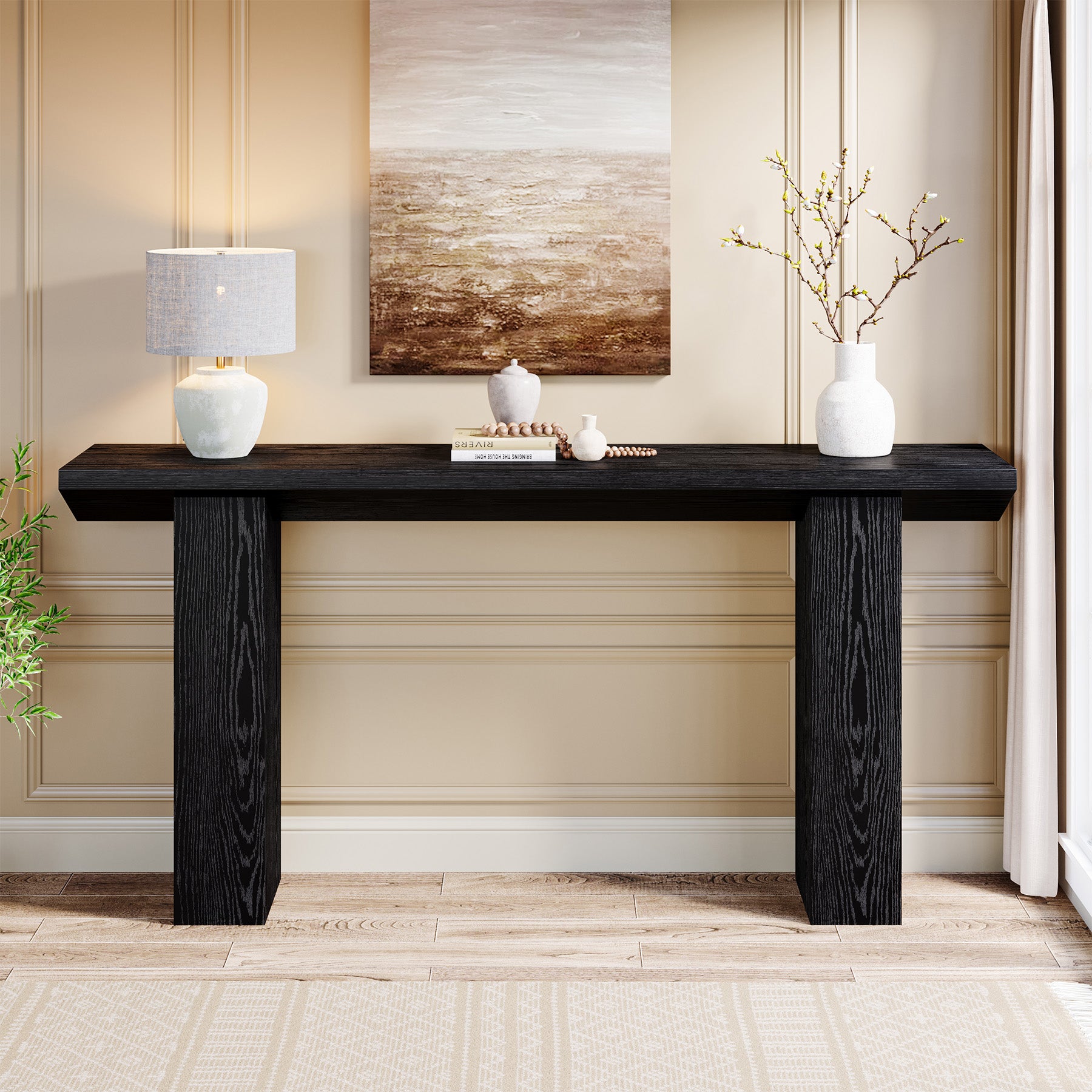 160 cm Smalle Salontafel voor Achter de Bank, Zwart Houten Haltafel voor Woonkamer en Entree