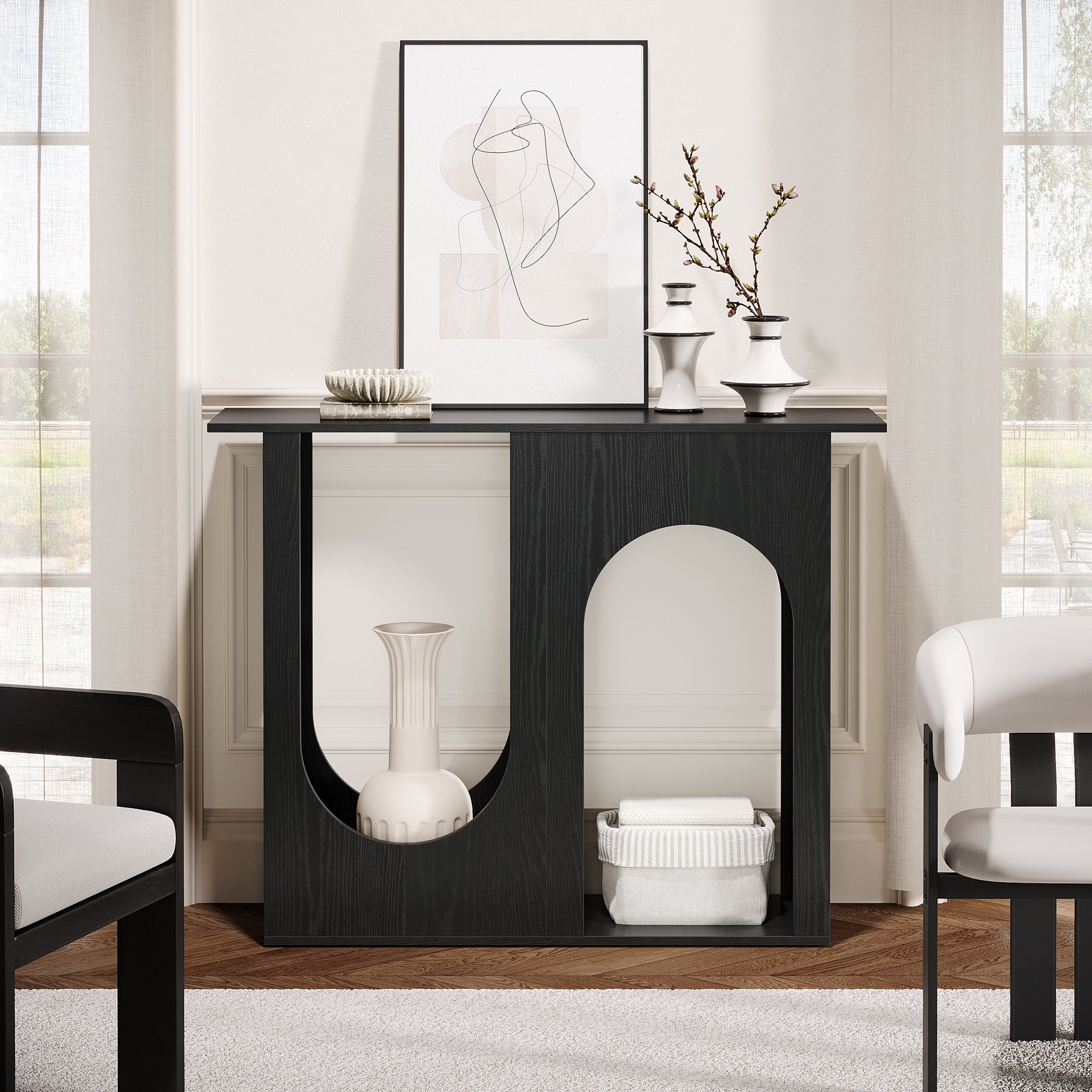 90 cm Zwarte Banktafel, Smalle Consoletafel met Gebogen Design voor Entree en Woonkamer