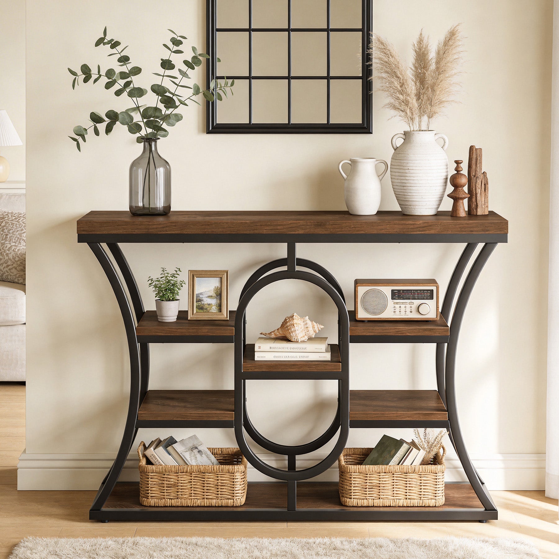 105 cm Smalle Consoletafel met Opbergrekken, Industriële Entreetafel voor Hal Woonkamer Achter Bank