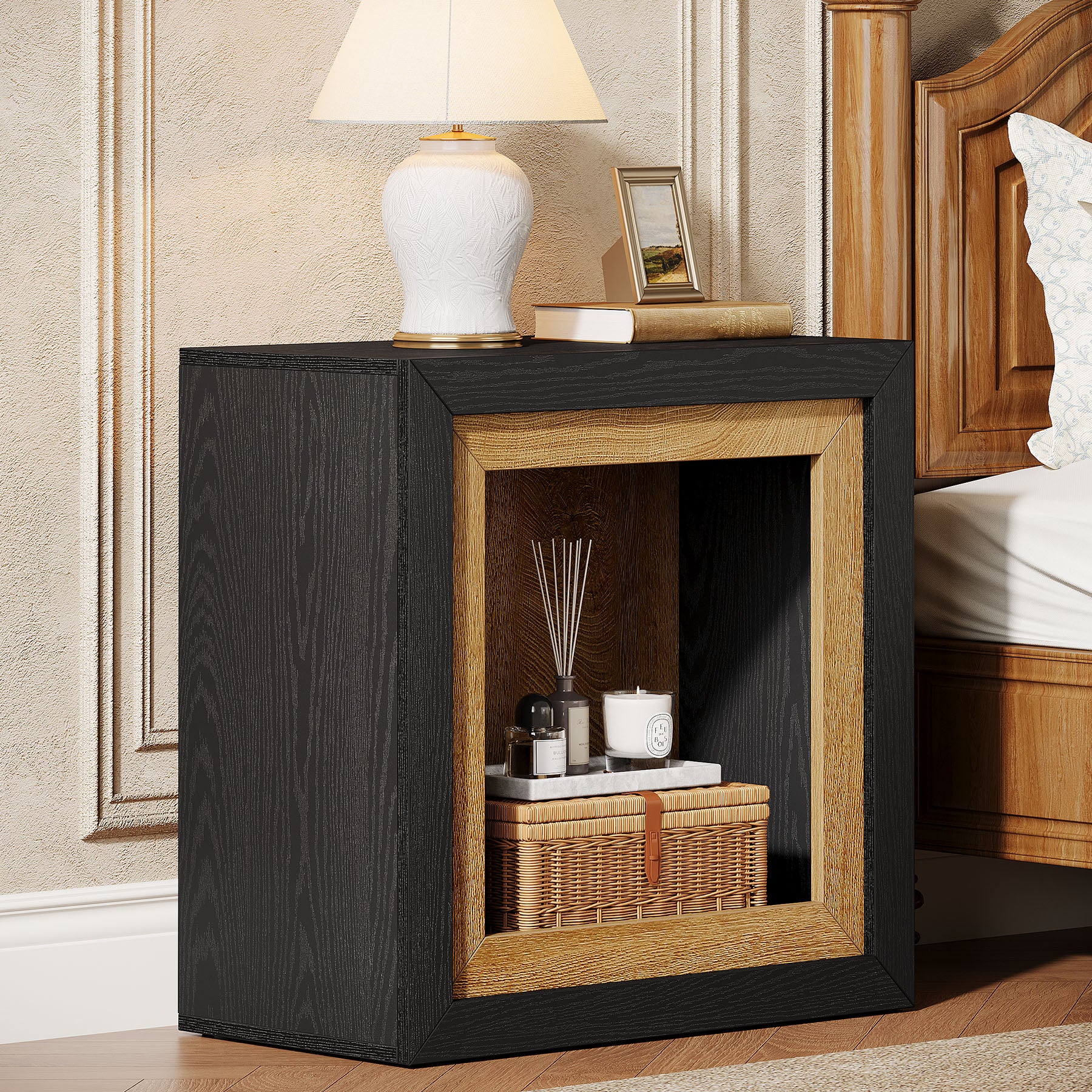 60 cm Nachtkastje, Houten Kubus Bedside Tafel met Frame-Geïnspireerd Ontwerp