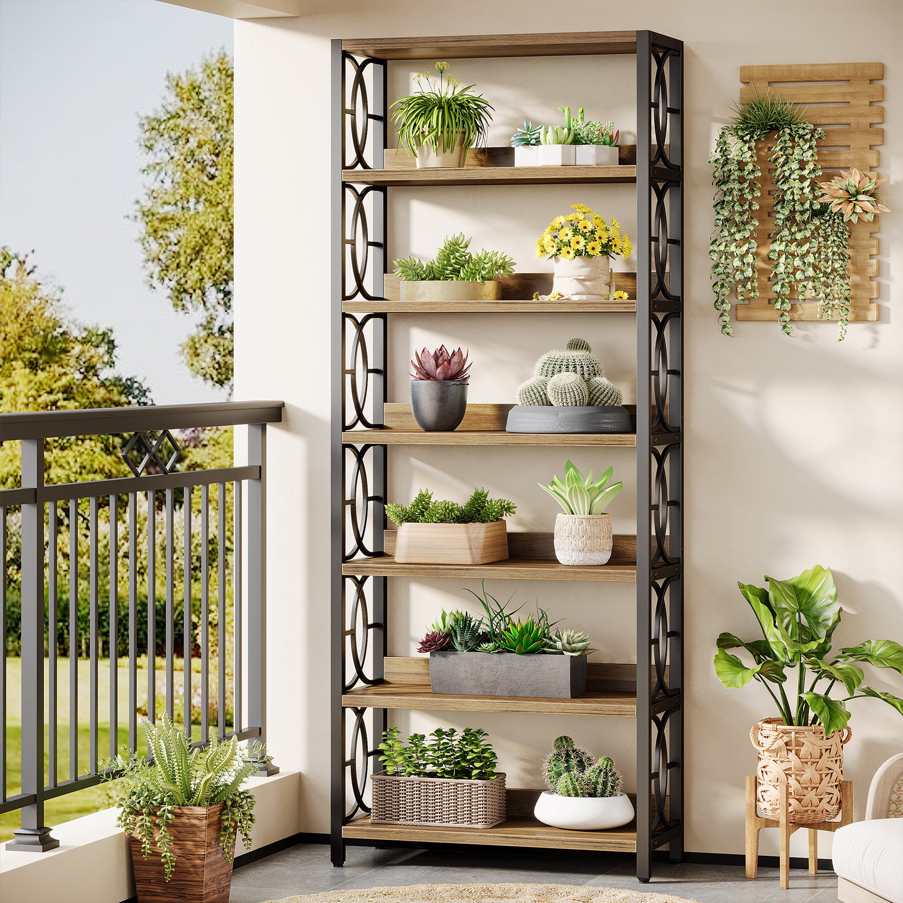 180 cm Houten Plantenstandaard met 6 Niveaus, Industrieel Vrijstaand Plantenrek in Rustiek Bruin en Zwart