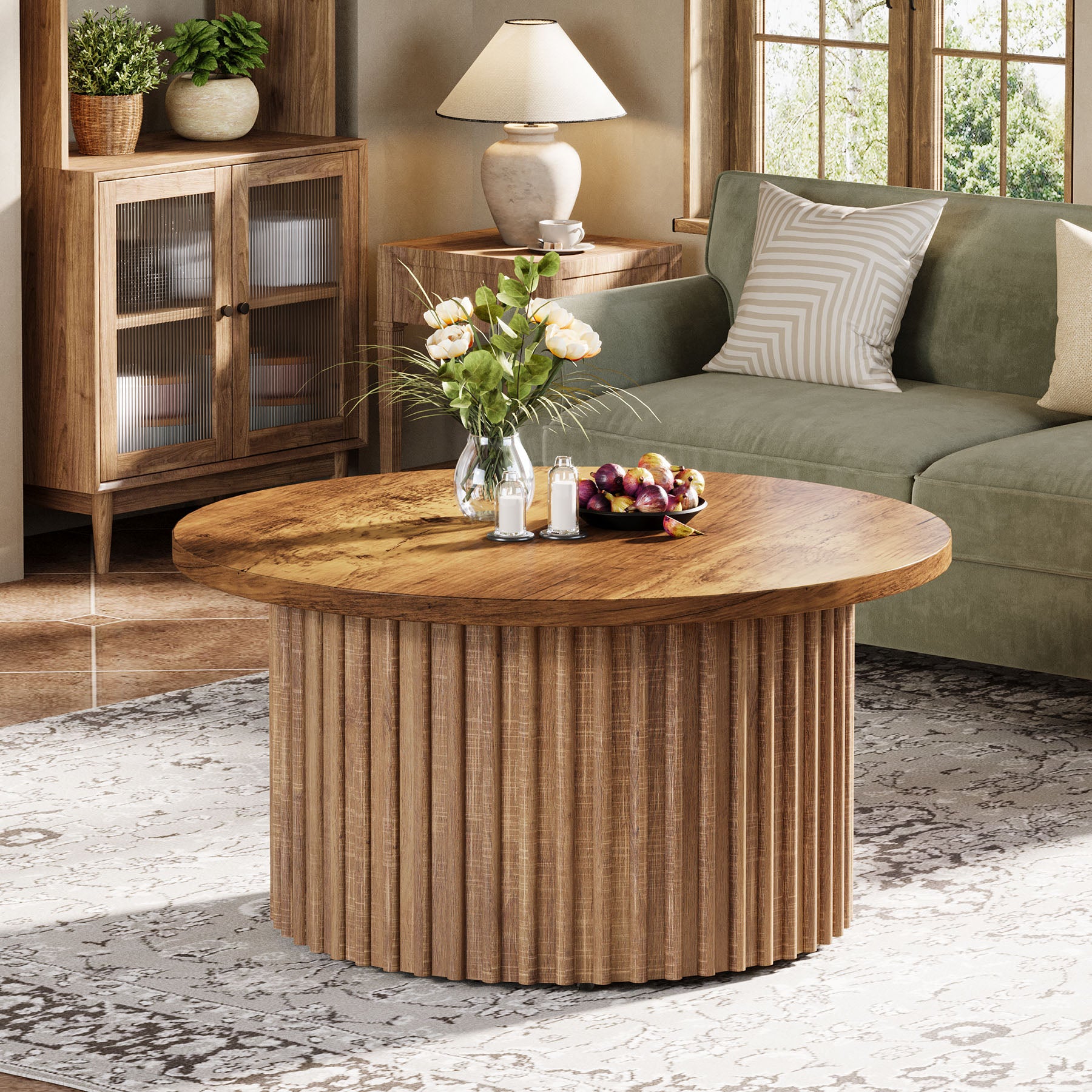 Ronde Salontafel 80 cm, Landelijke Cirkelvormige Tafel met Metalen Basis