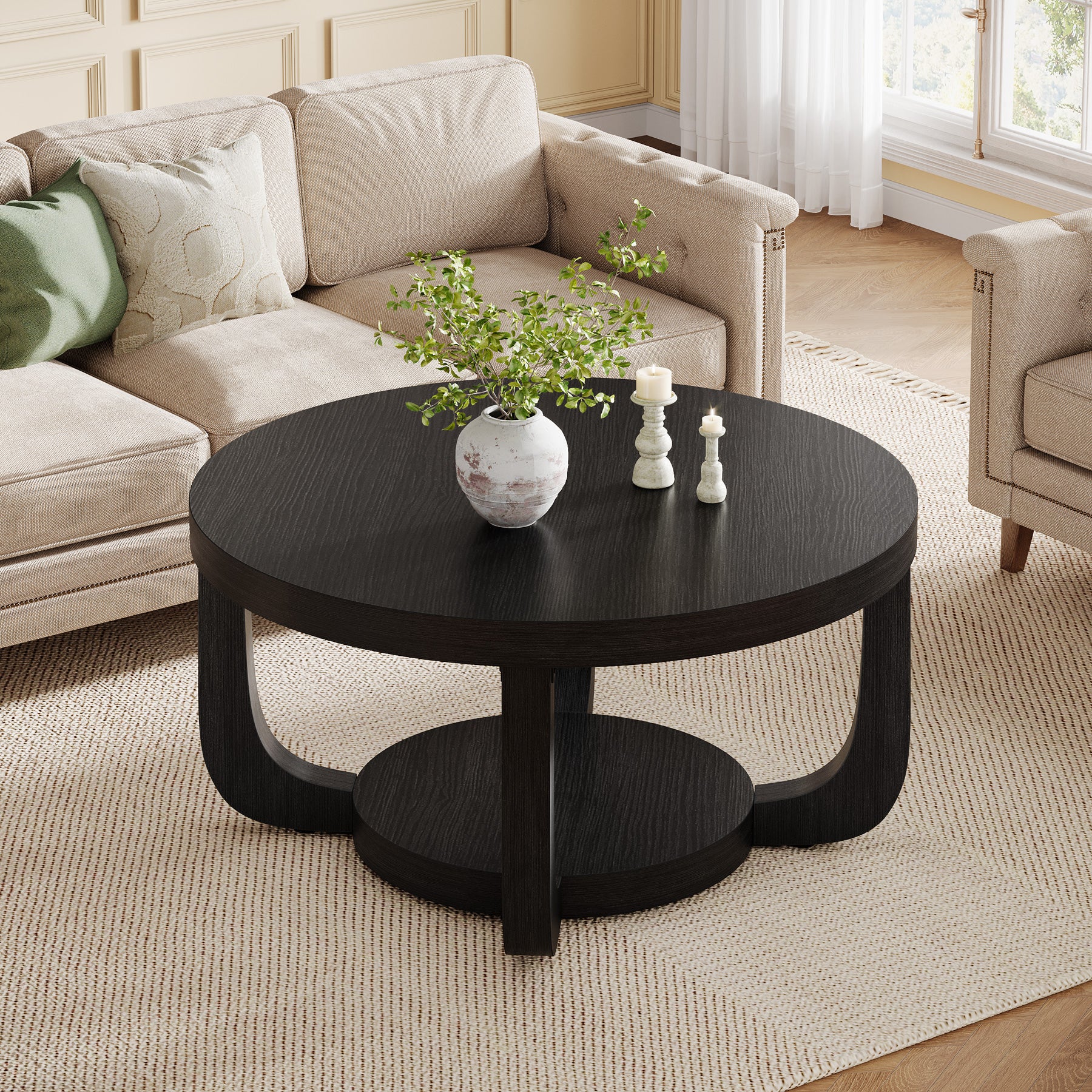 Ronde Salontafel van 80 cm met 2 Lagen en Opbergruimte, Moderne Houten Accenttafel in Rustiek Bruin voor Woonkamer