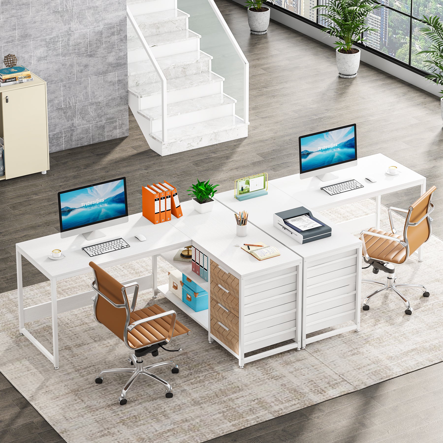 150 cm L-vormig Bureau, Met 4 Laden en 2 Planken voor Kantoor en Werkkamer