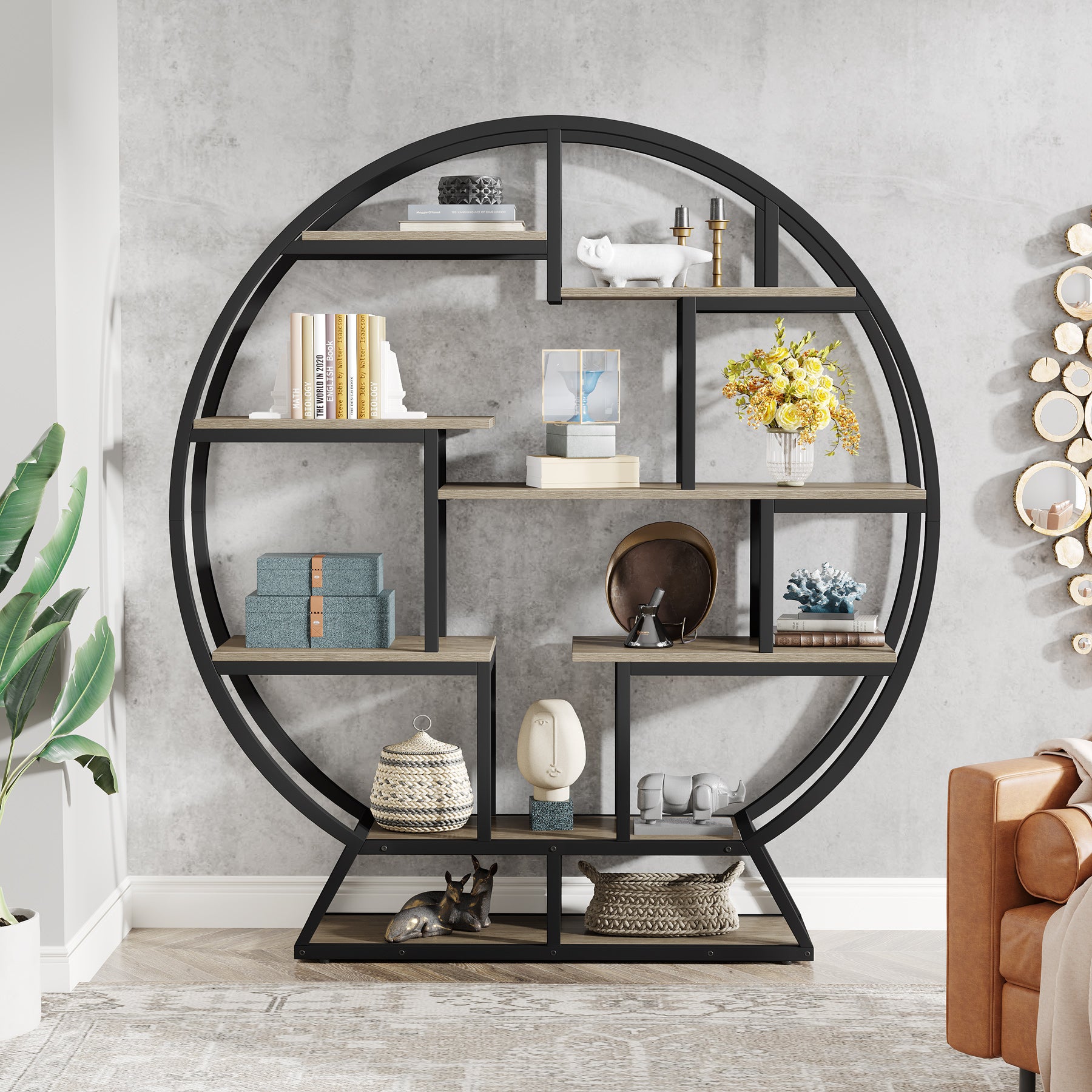 160 cm Ronde Boekenkast, Vijfplanken Opbergmeubel voor Kantoor en Woonkamer