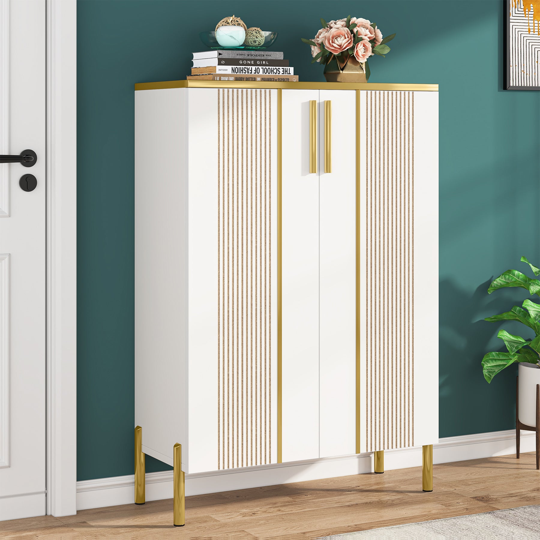 120 cm Hoge Schoenenkast, Witte Opbergmeubel met Zes Planken en Gouden Accenten
