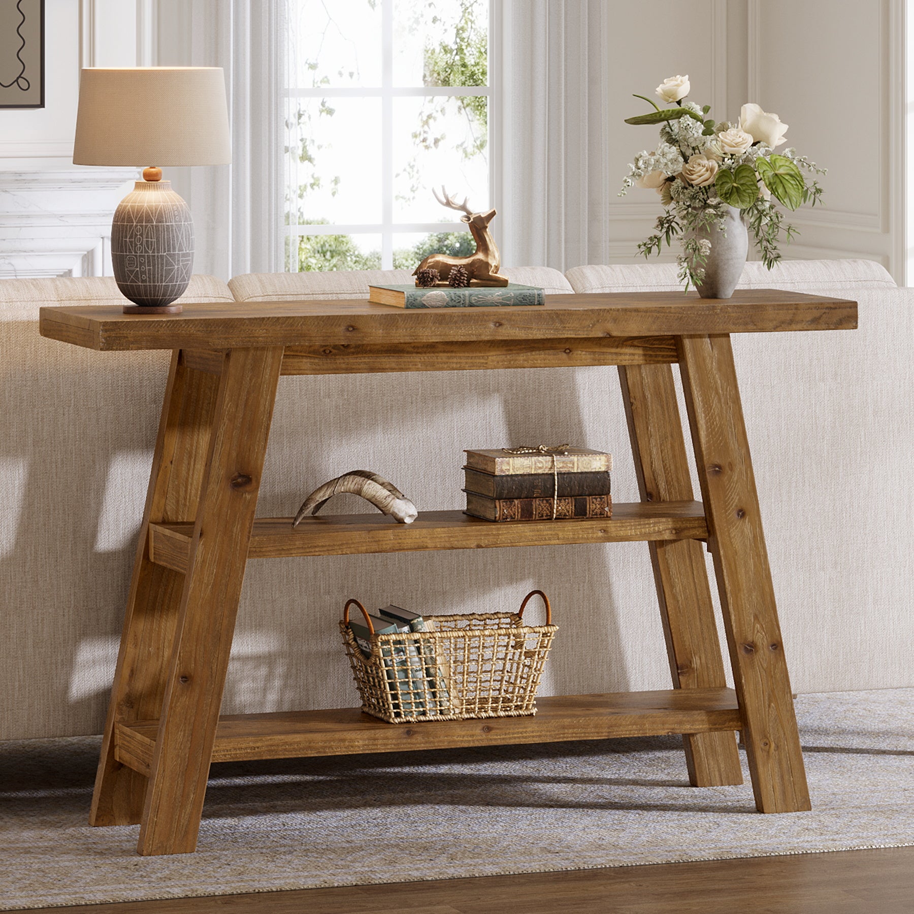 120 cm Tribesigns Massief Houten Consoletafel met 3 Niveaus, Smalle Boerderijstijl Entreetafel voor Hal en Woonkamer