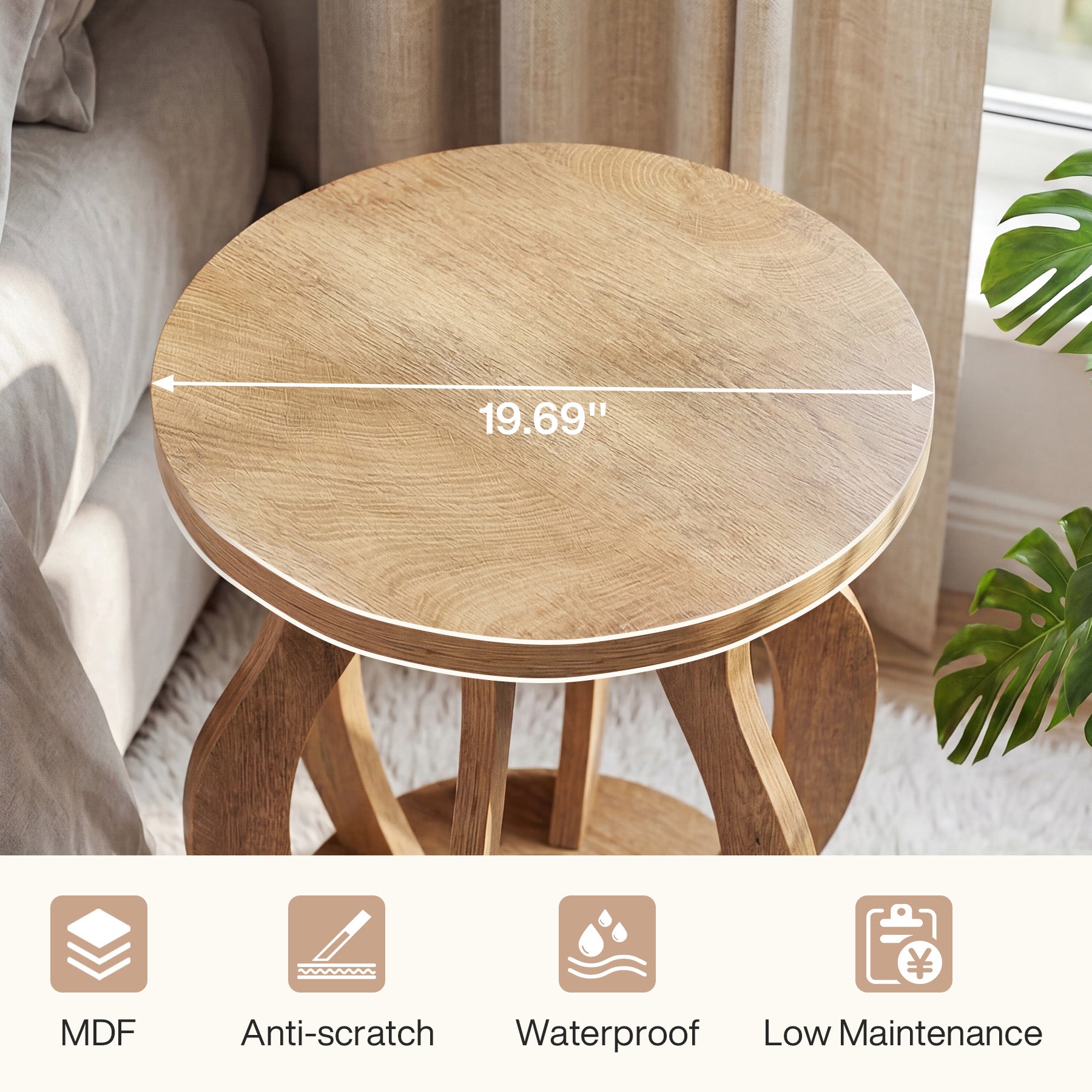 61 cm Ronde Houten Bijzettafel, Farmhouse Nachtkastje met Gebogen Frame