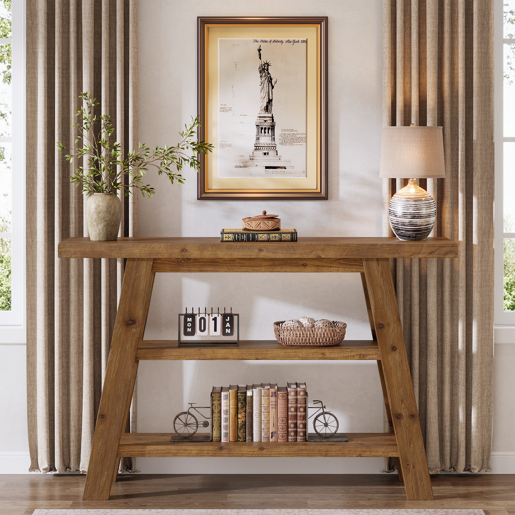 120 cm Tribesigns Massief Houten Consoletafel met 3 Niveaus, Smalle Boerderijstijl Entreetafel voor Hal en Woonkamer