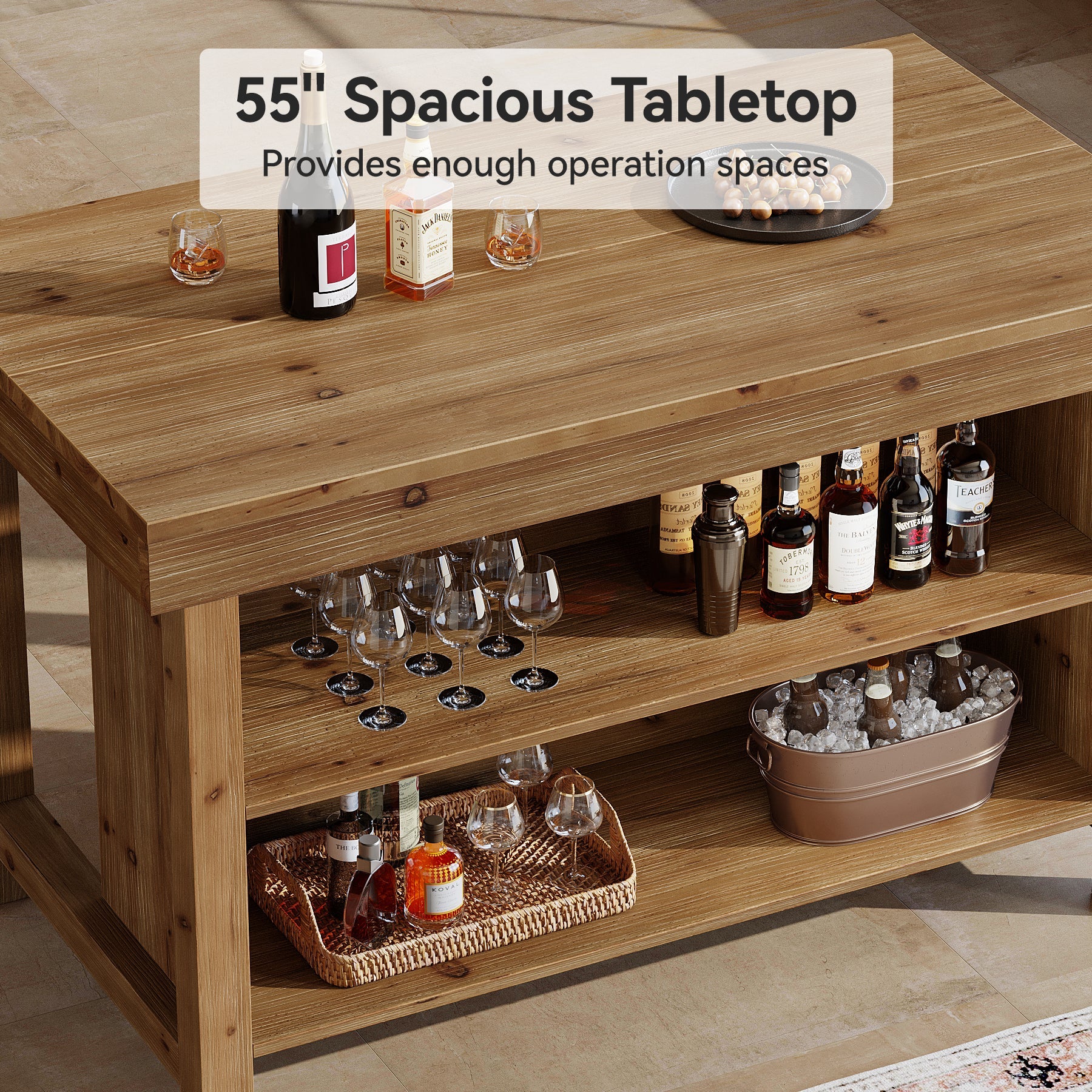 140 cm landelijke bartafel, 3-laags barunit van massief hout met open opbergplanken