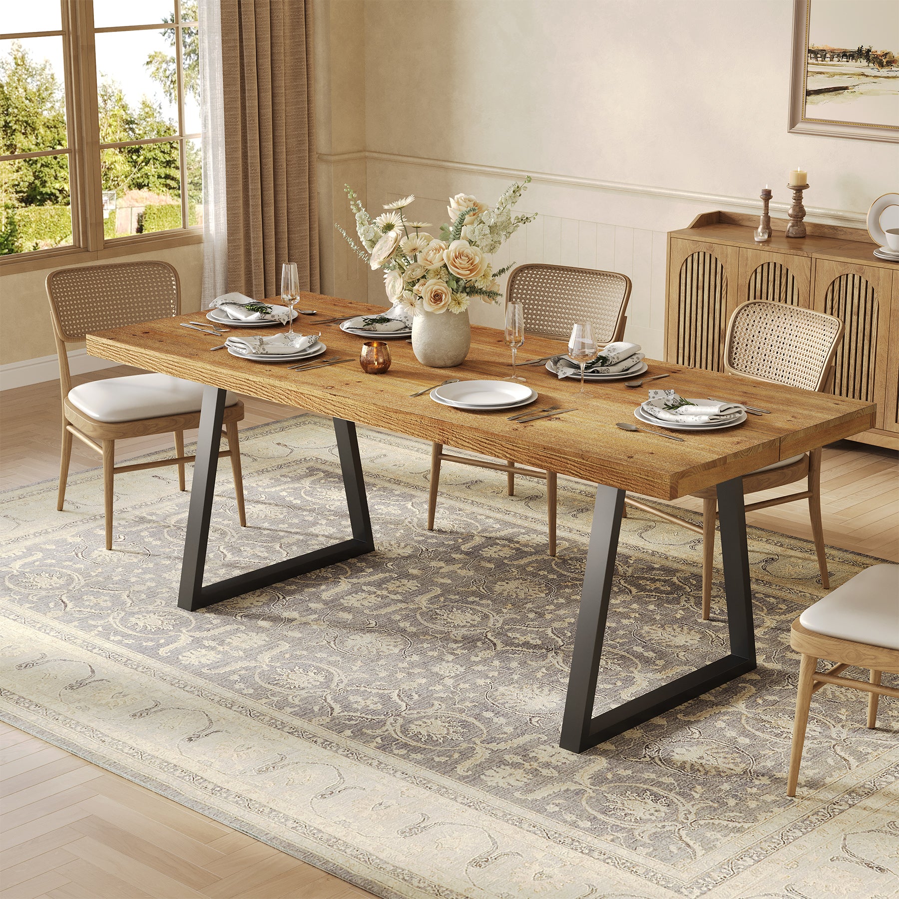 160 cm Industriele Eettafel, Massief Houten Rechthoek met Robuust Metaal Onderstel