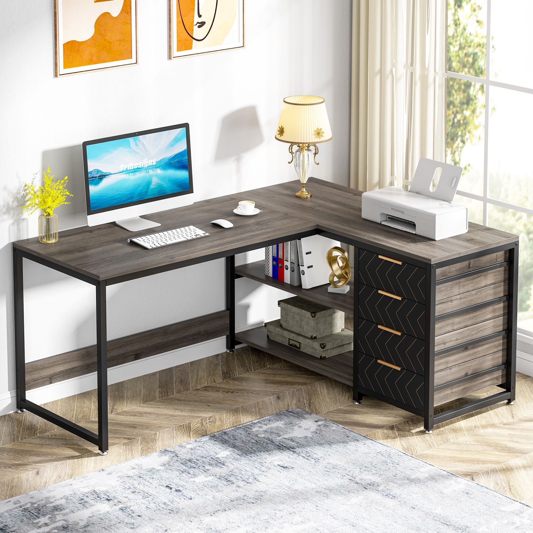 150 cm L-vormig Bureau, Met 4 Laden en 2 Planken voor Kantoor en Werkkamer