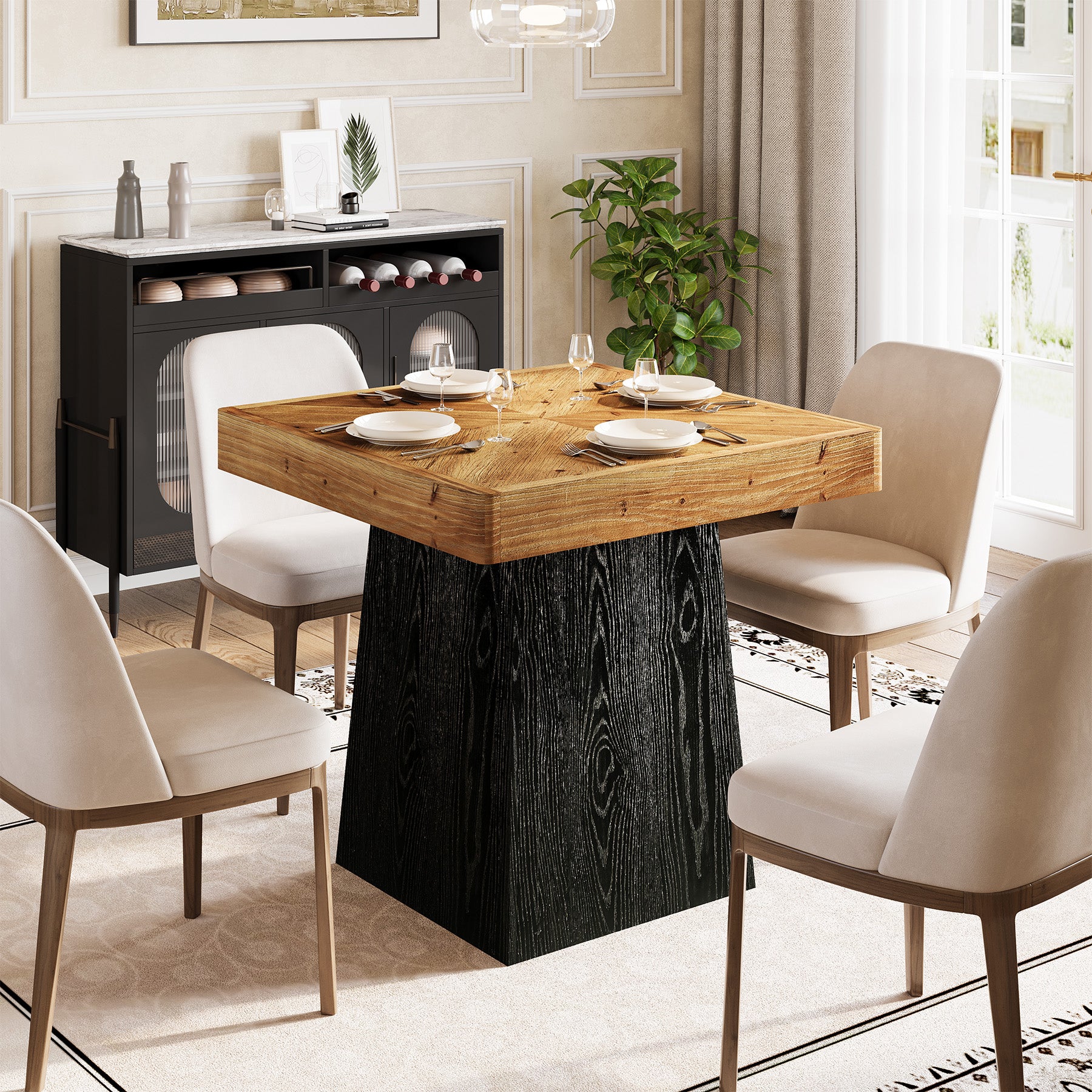 80 cm Vierkante Eettafel voor 2-4 Personen, Landelijke Houten Tafel met Parquet Blad voor Eetkamer en Kleine Ruimtes