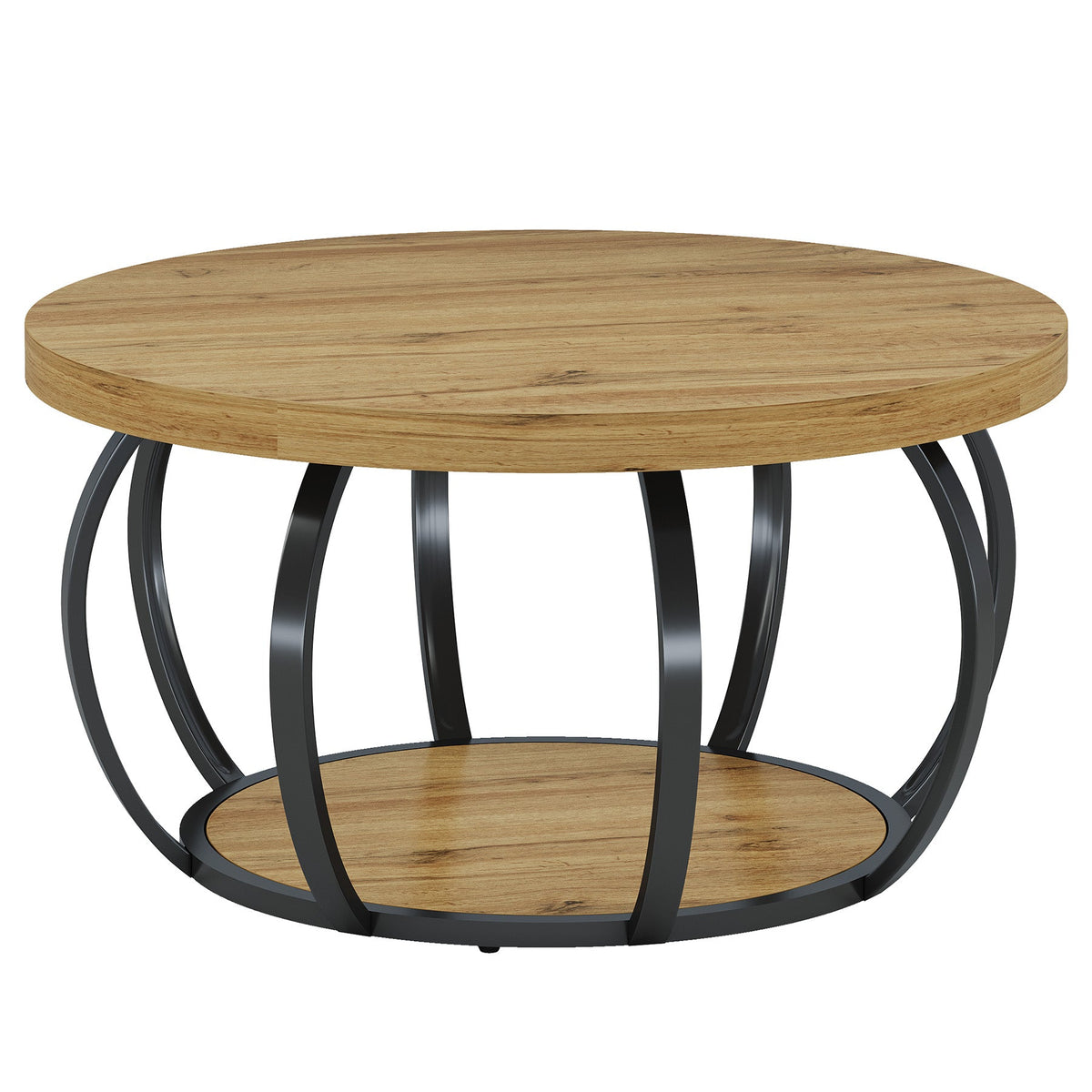 31.5" Round Coffee Table, Farmhouse Accent Center Table with 2-Tier Shelf#Kleur_Bruin