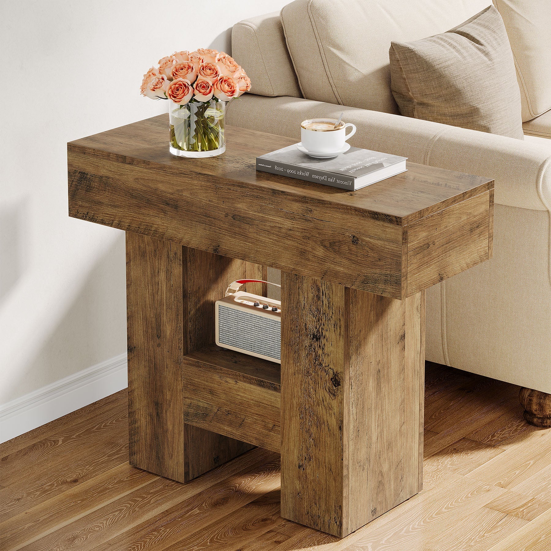 31.5" End Table, Farmhouse Sofa Side Table with 2 - Tier Shelf and Heavy Duty Base Tribesigns