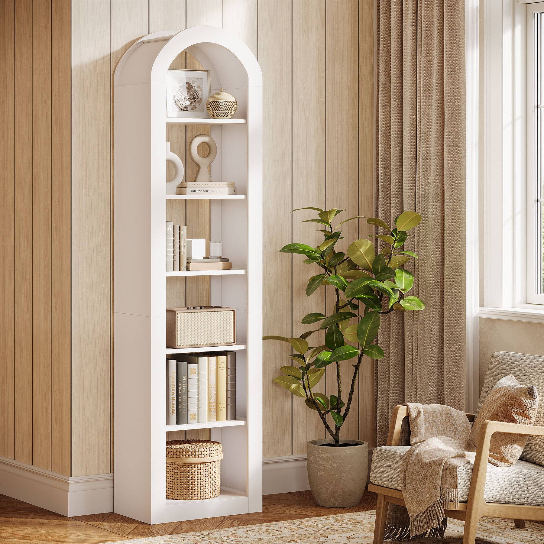 190 cm Boogvormige Boekenkast met 6 Niveaus, Smalle Open Boekenkast voor Display en Opbergen