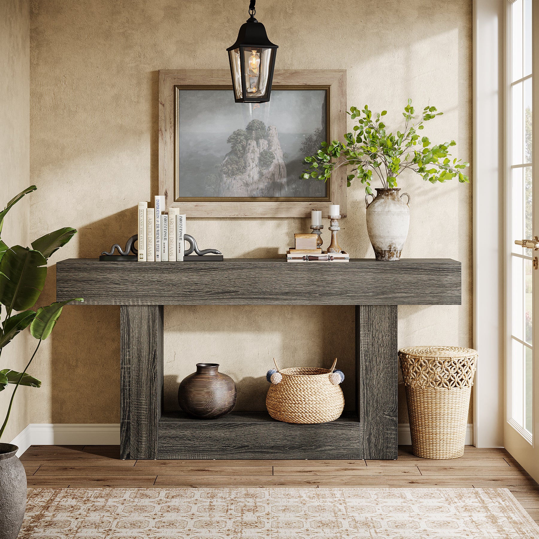 160 cm Boerenstijl Consoletafel, Tweelaagse Entreetafel met Opbergruimte in Rustiek Bruin