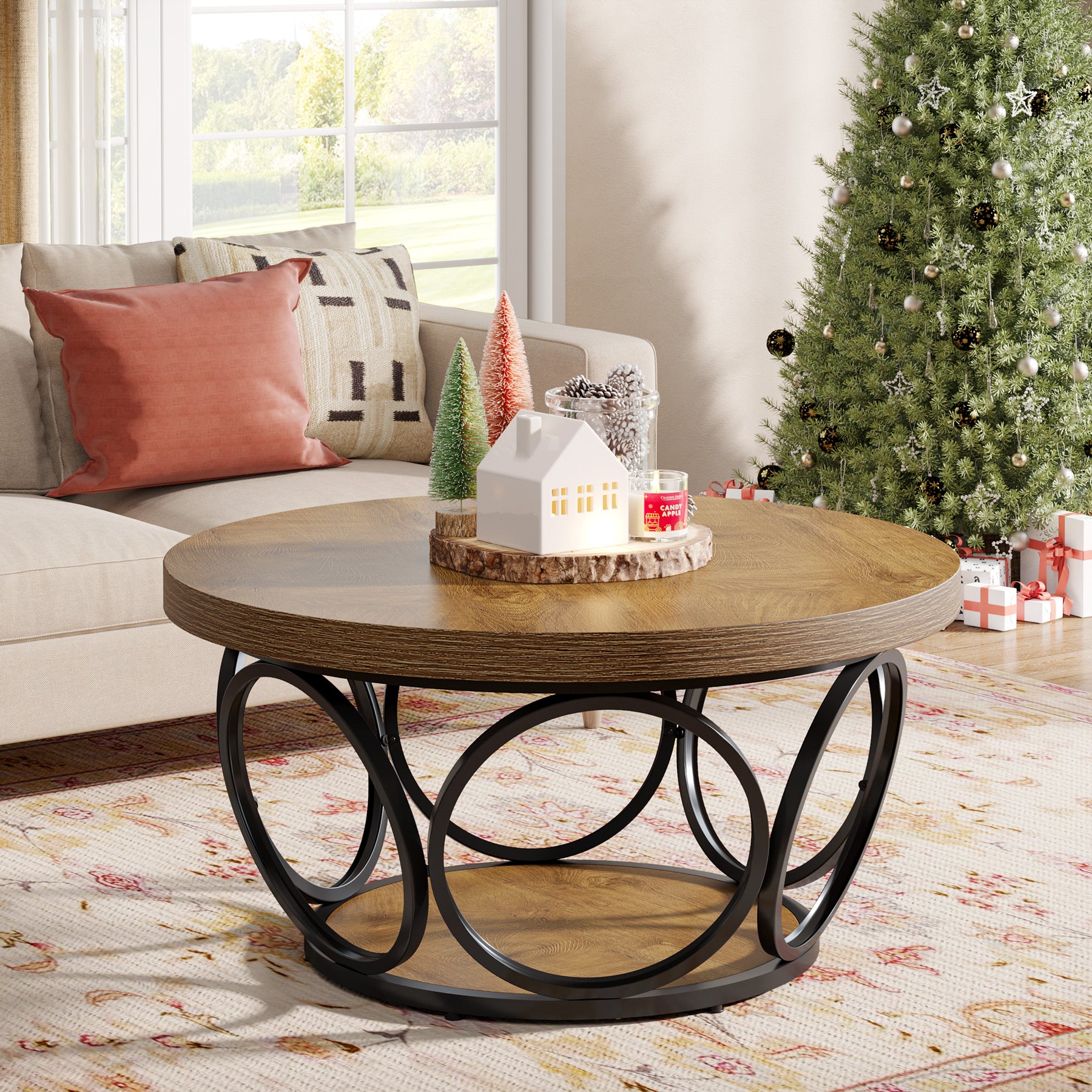 80 cm Ronde Salontafel, Landelijke Tafels met Dubbele Opbergplanken in Houtstructuur