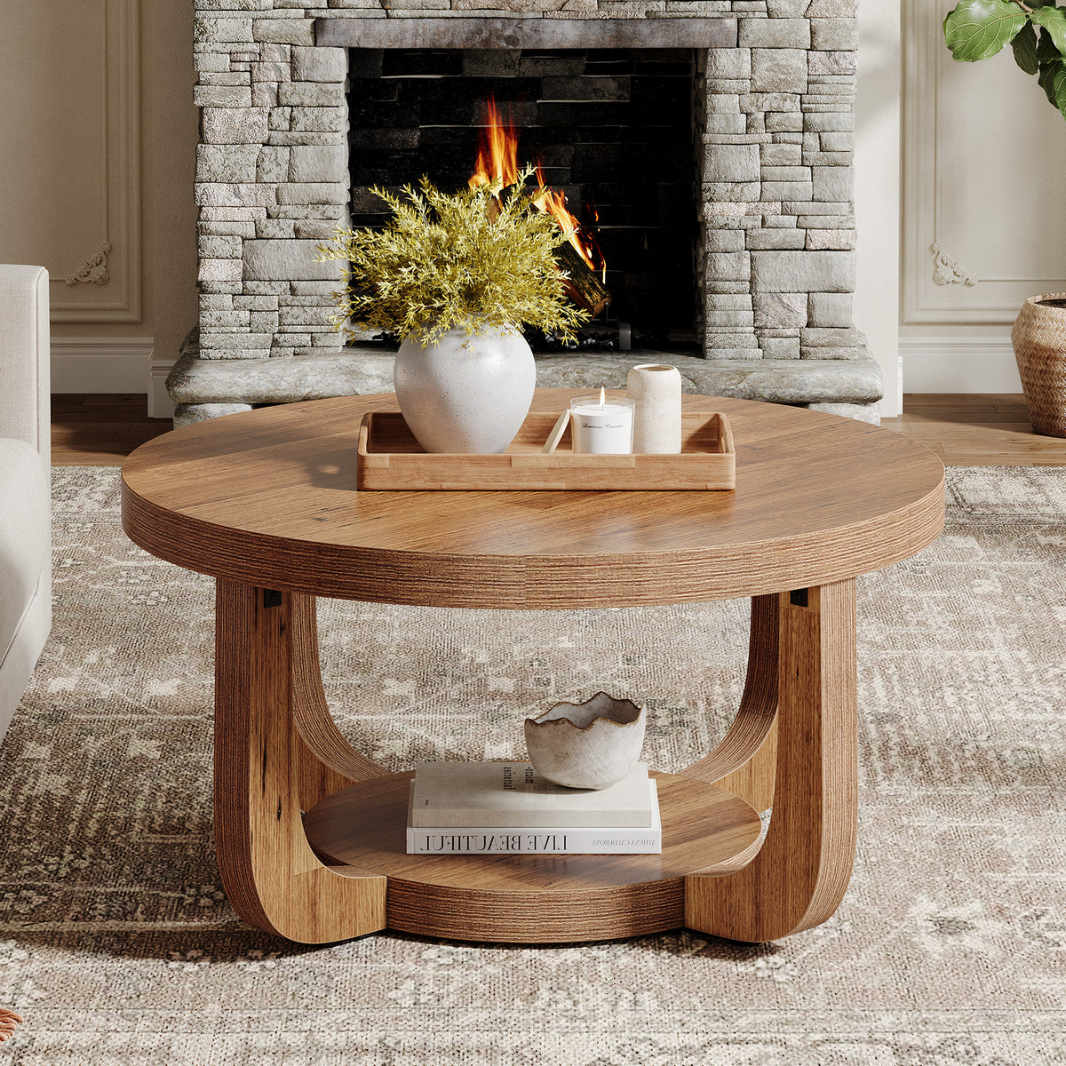 Ronde Salontafel van 80 cm met 2 Lagen en Opbergruimte, Moderne Houten Accenttafel in Rustiek Bruin voor Woonkamer