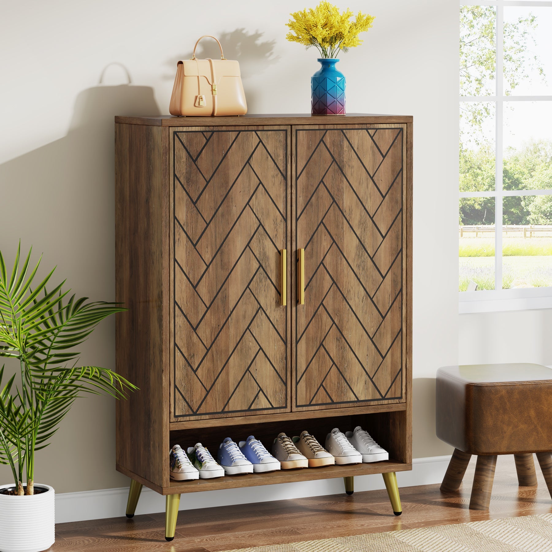 110 cm Schoenenkast met Deuren, Notenhouten Opbergmeubel met Zes Planken voor Hal en Slaapkamer