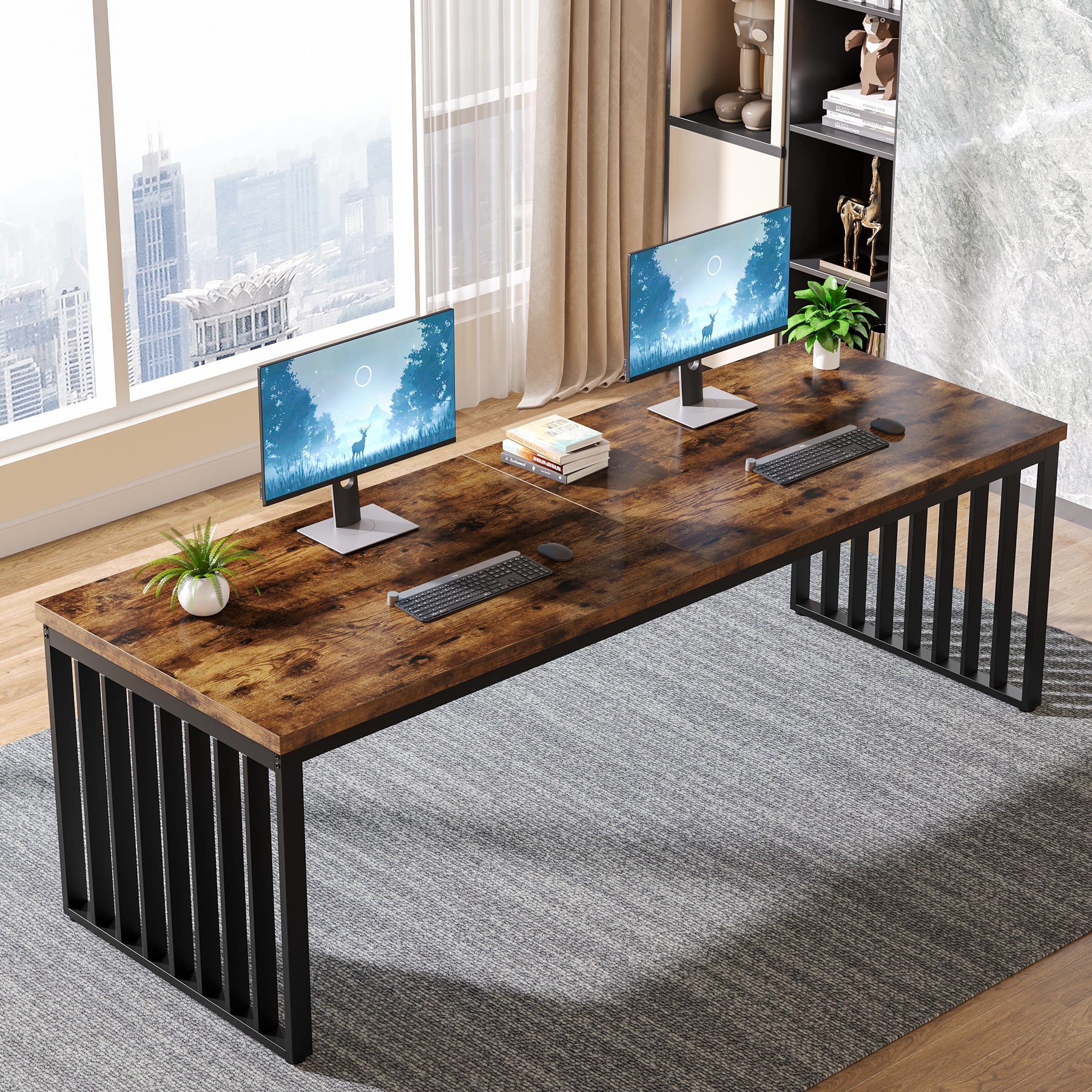 180 cm Bureau, Robuuste Computertafel Met Metalen Frame Voor Thuiskantoor
