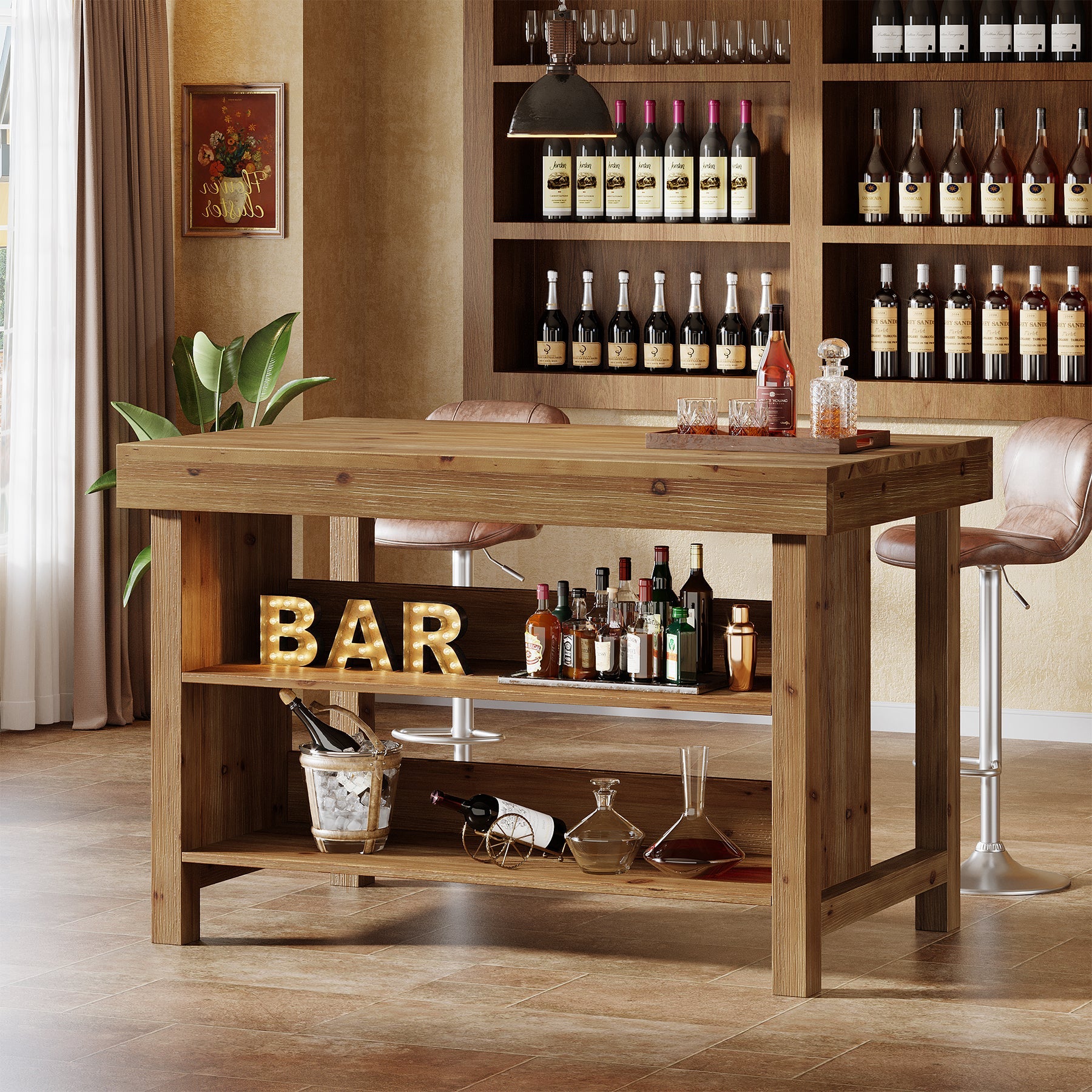 140 cm landelijke bartafel, 3-laags barunit van massief hout met open opbergplanken