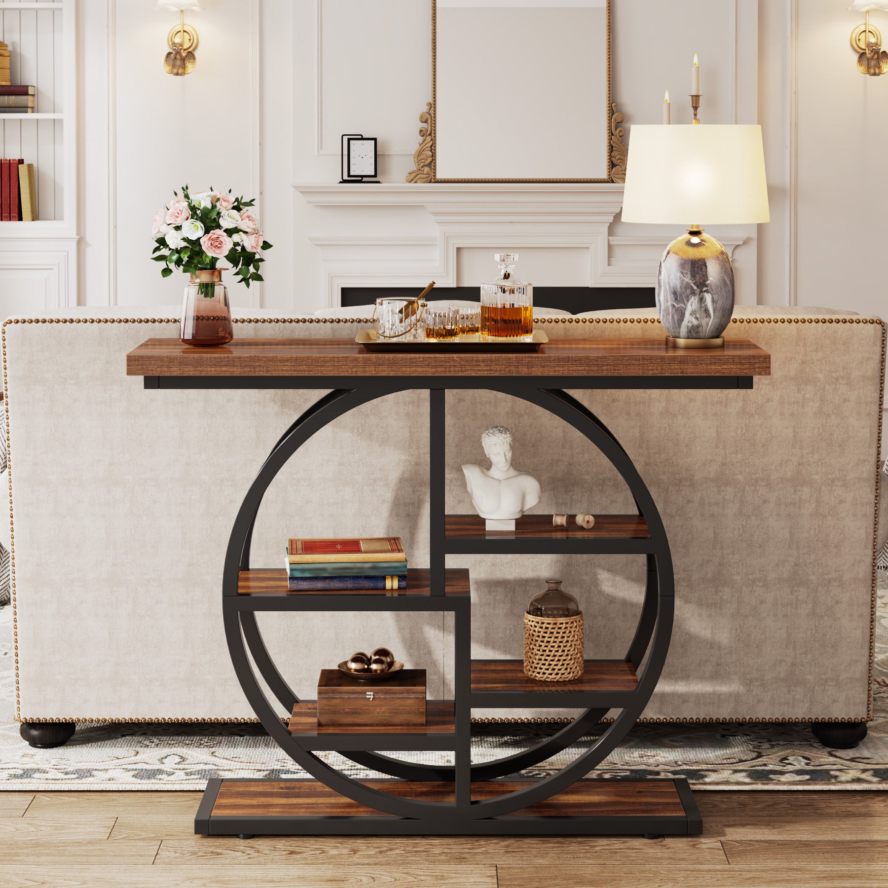 105 cm Industriële Console, 6 Etages met Rond Onderstel en Opbergplanken