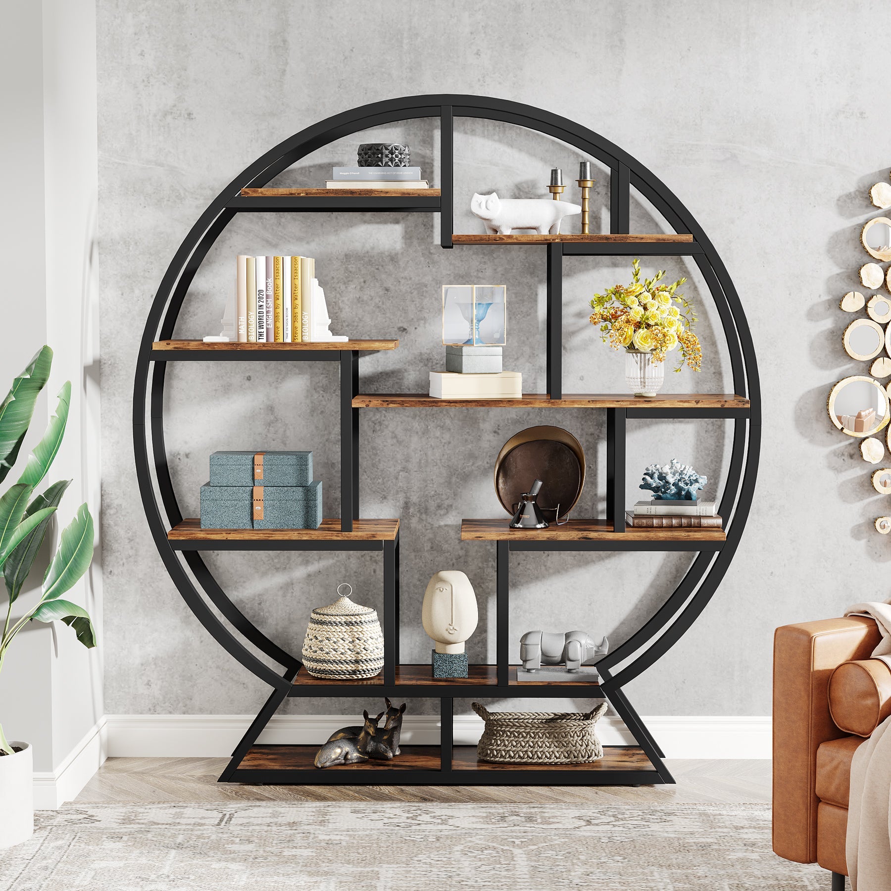160 cm Ronde Boekenkast, Vijfplanken Opbergmeubel voor Kantoor en Woonkamer