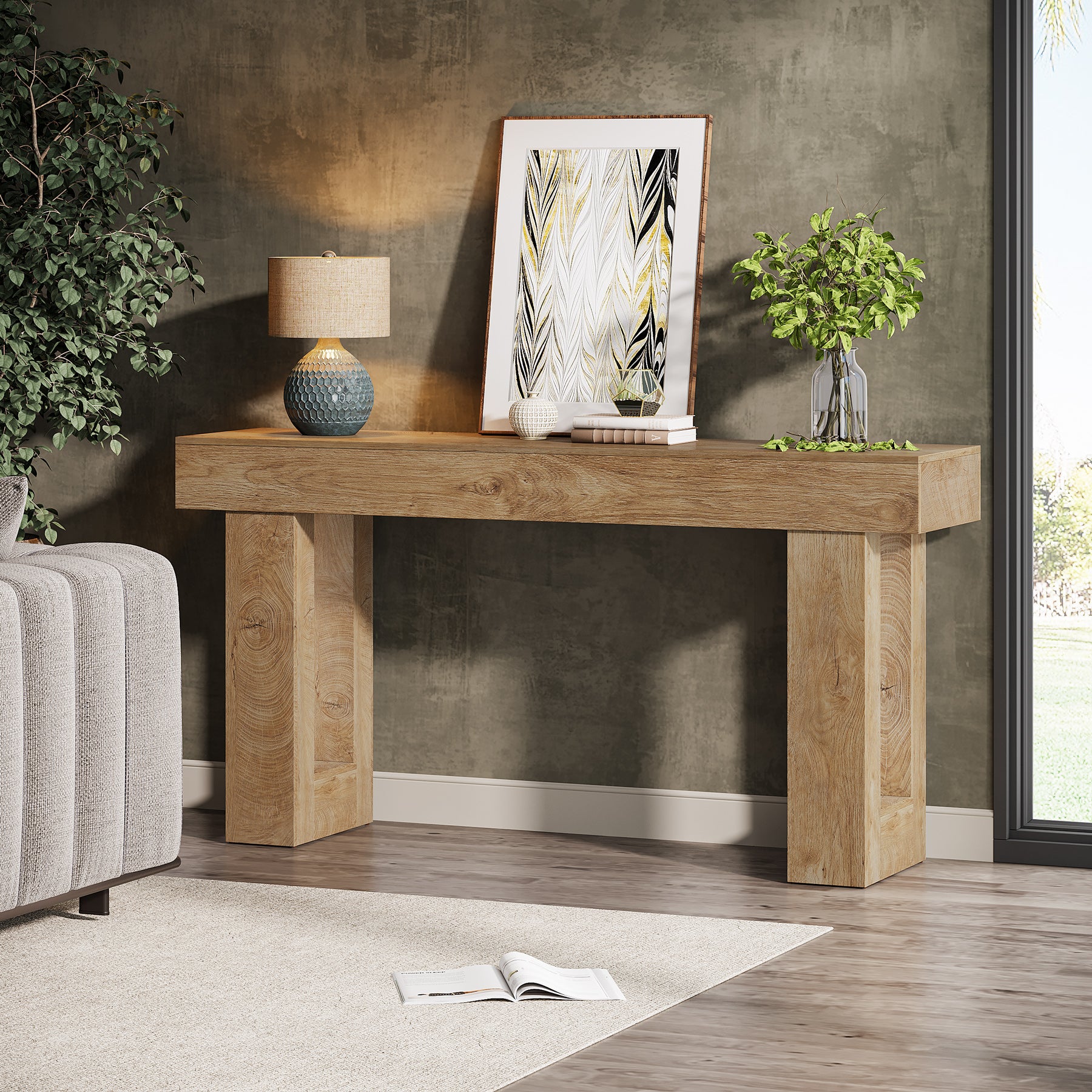 160 cm Landelijke Consoletafel, Natuurhouten Salontafel voor Hal en Woonkamer