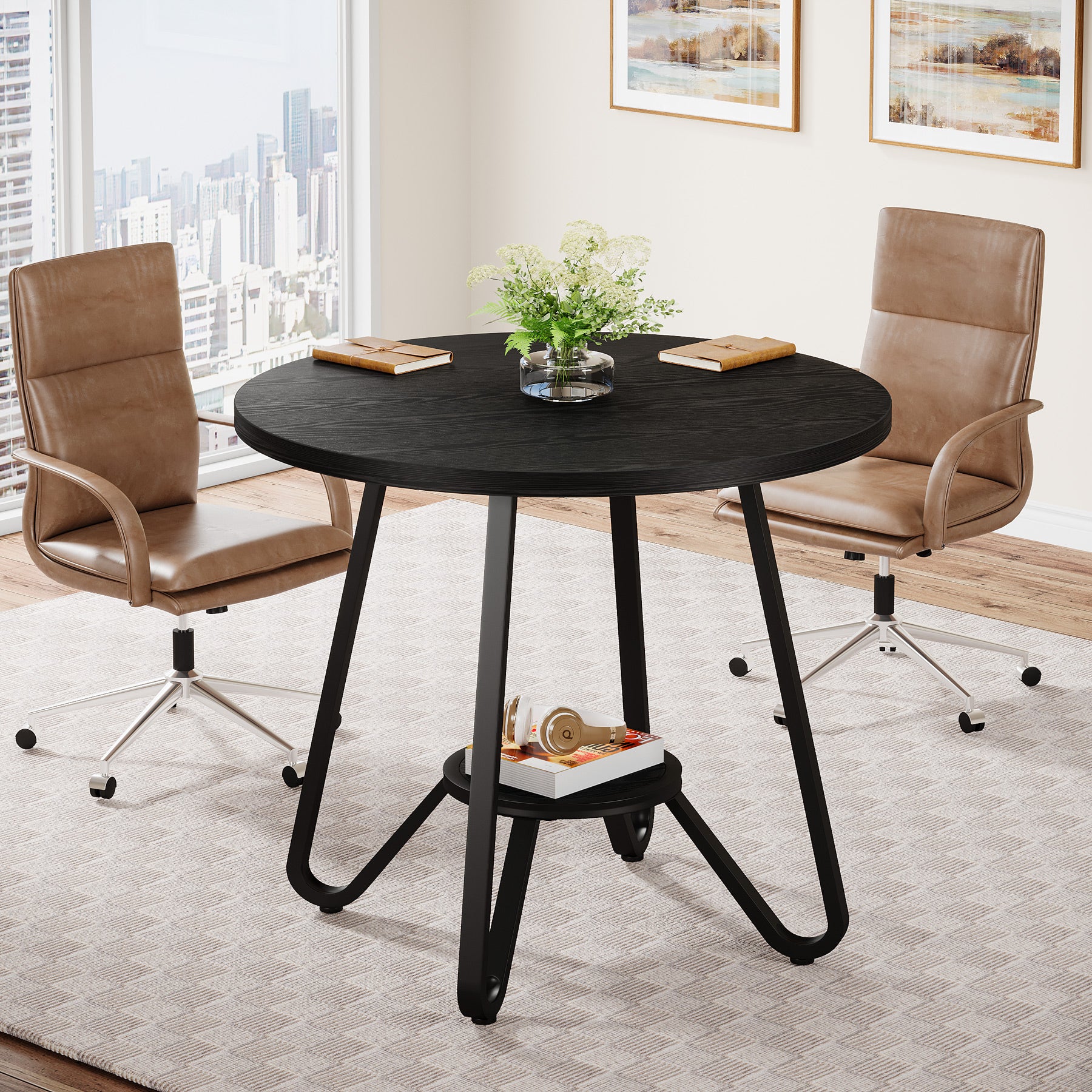 80 x 80 x 75 cm Ronde Conferentietafel voor 2-4 Personen, Compacte Houten Kantoortafel Bruin