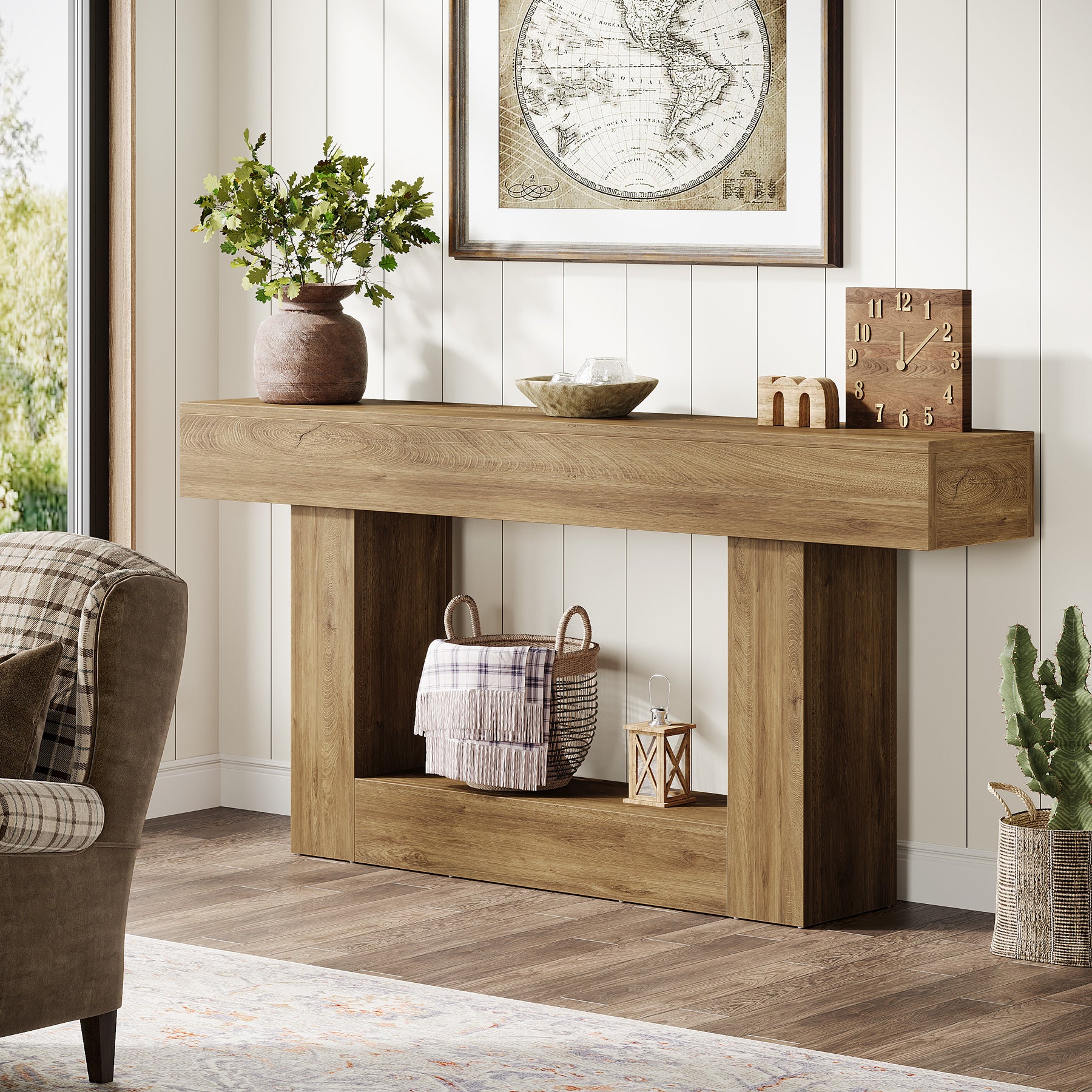 160 cm Boerenstijl Consoletafel, Tweelaagse Entreetafel met Opbergruimte in Rustiek Bruin