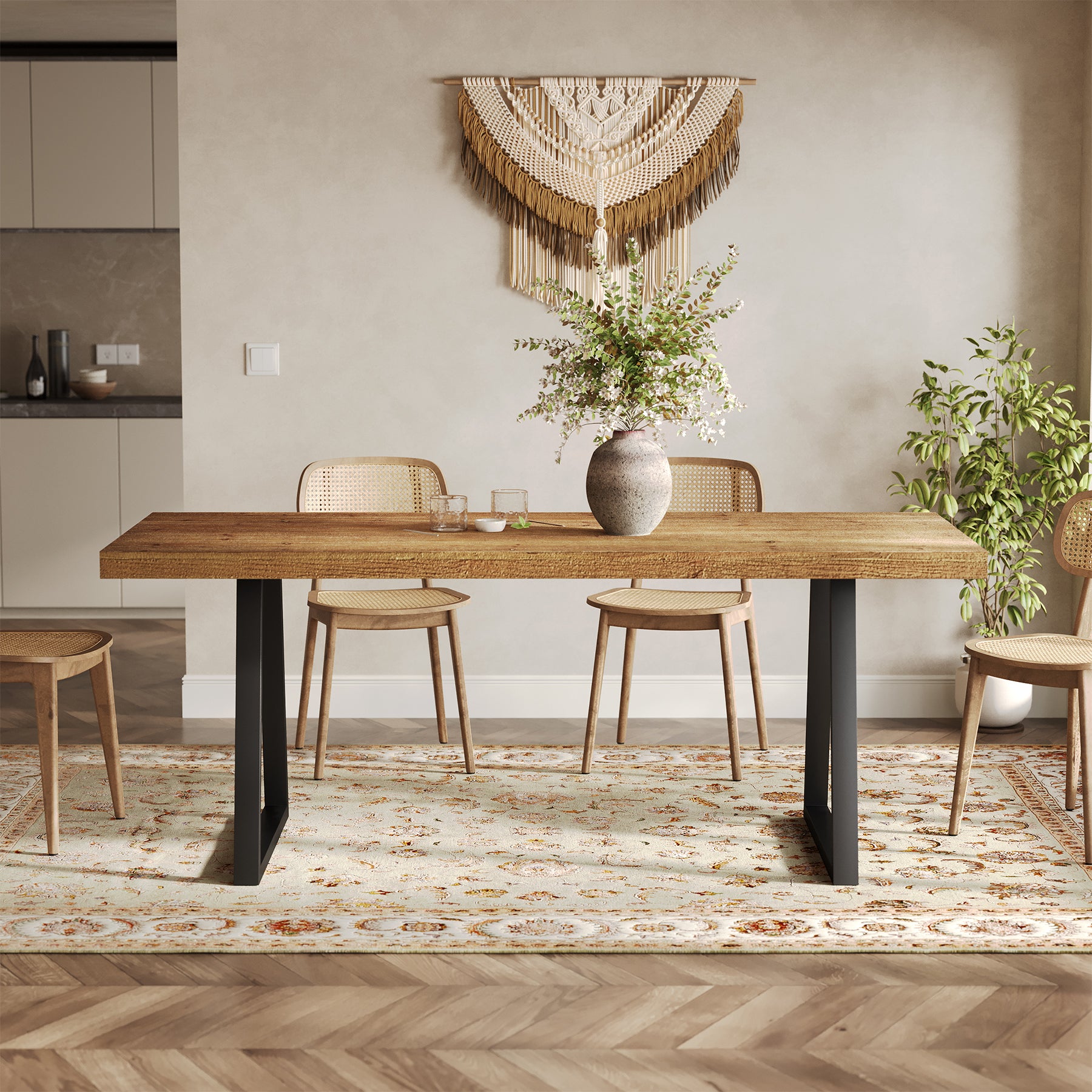 160 cm Industriele Eettafel, Massief Houten Rechthoek met Robuust Metaal Onderstel