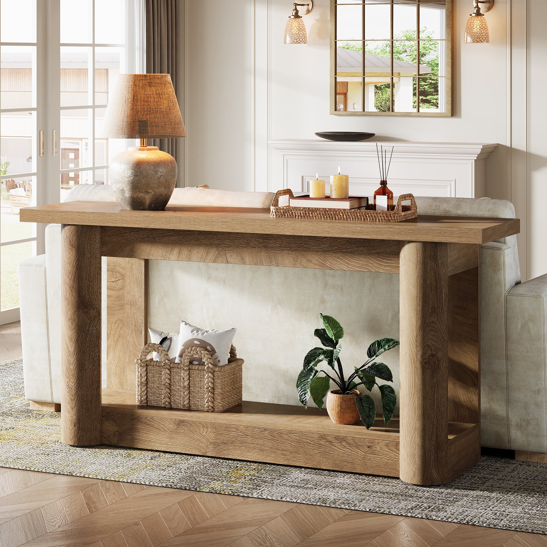 160 cm Landelijke Console met 2 Planken, Smalle Lange Salontafel in Rustiek Bruin voor Hal en Entree