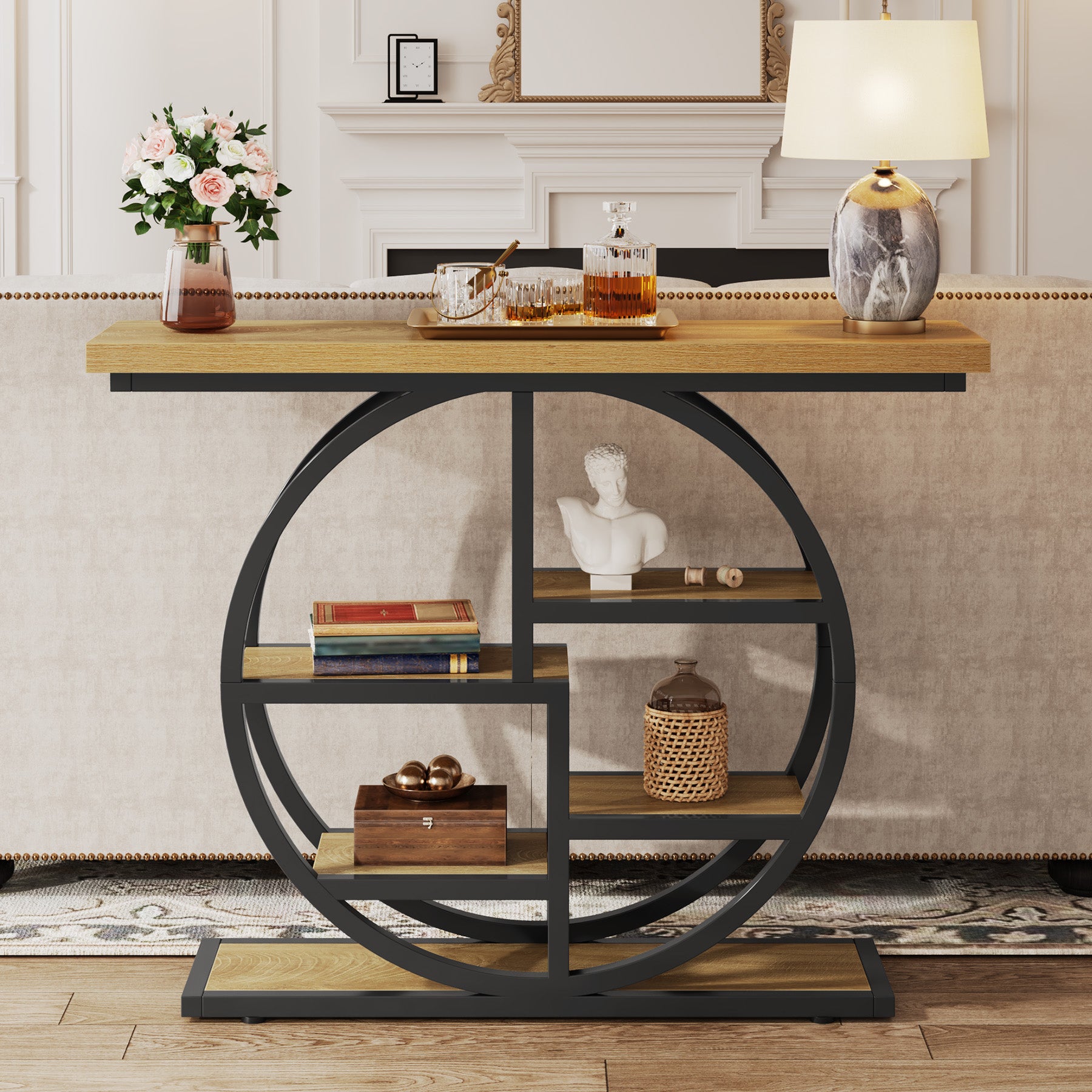 105 cm Industriële Console, 6 Etages met Rond Onderstel en Opbergplanken