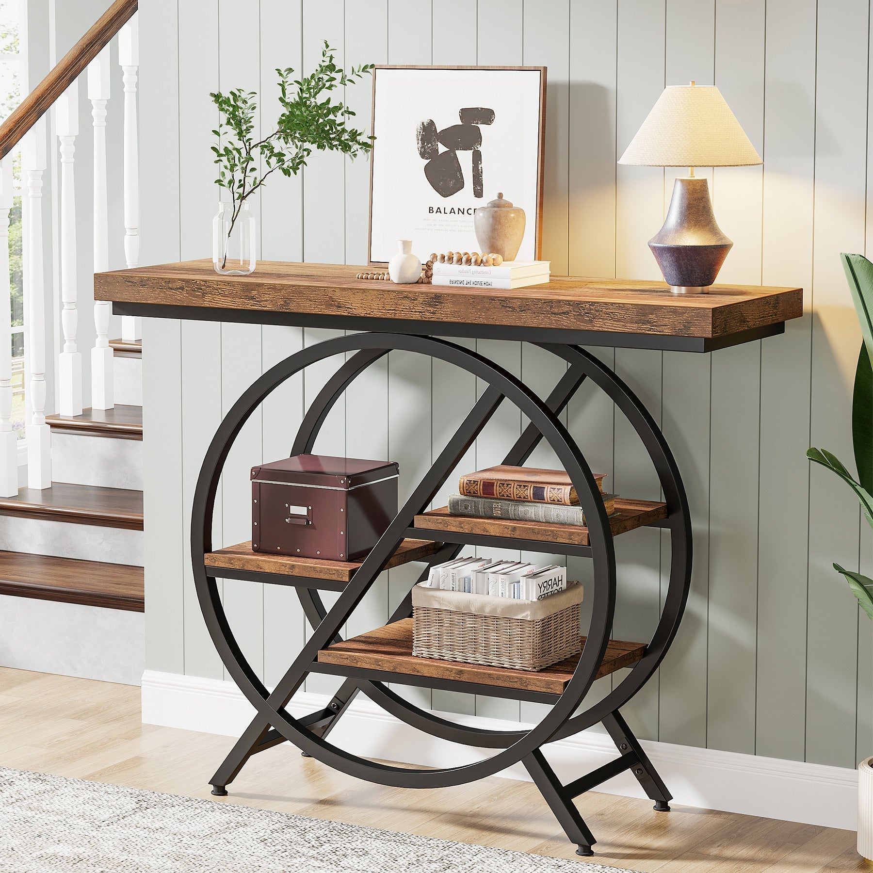 100 cm Industriële Consoletafel – Geometrisch Frame met Dik Blad voor Rustieke Uitstraling