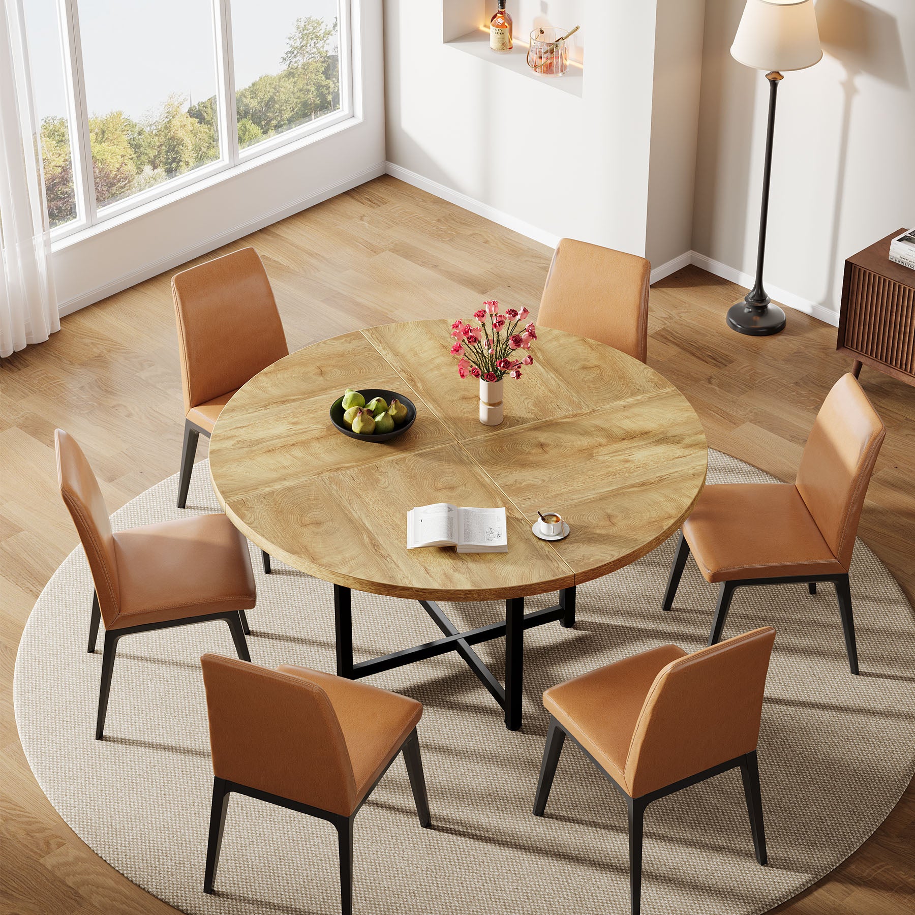 Tribesigns 120 cm Ronde Eettafel voor 4-6 Personen, Houten Tafel met Stevige Kruismetalen Poten voor Keuken en Woonkamer